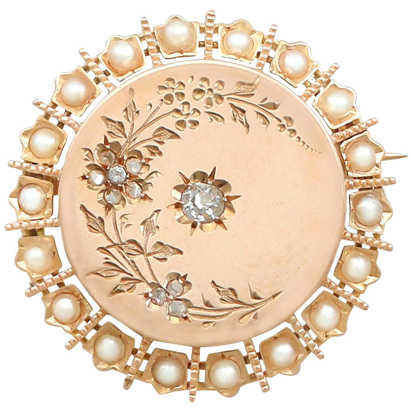 Antique French Seed Pearl and Diamond Yellow Gold Brooch For Sale