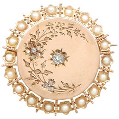 Antique French Seed Pearl and Diamond Yellow Gold Brooch