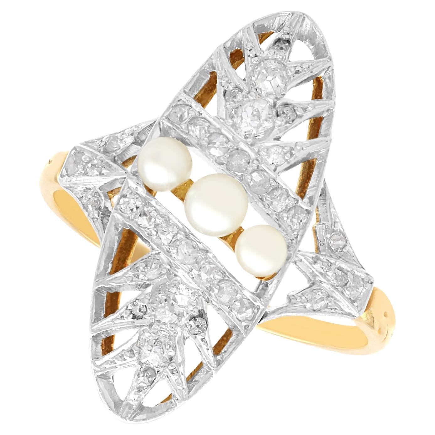 Anillo de Cóctel Antique French de Perlas de Siembra y Diamantes en Oro Amarillo