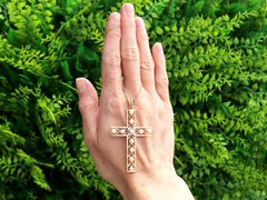 Antique French Seed Pearl and Diamond Yellow Gold Cross Pendant