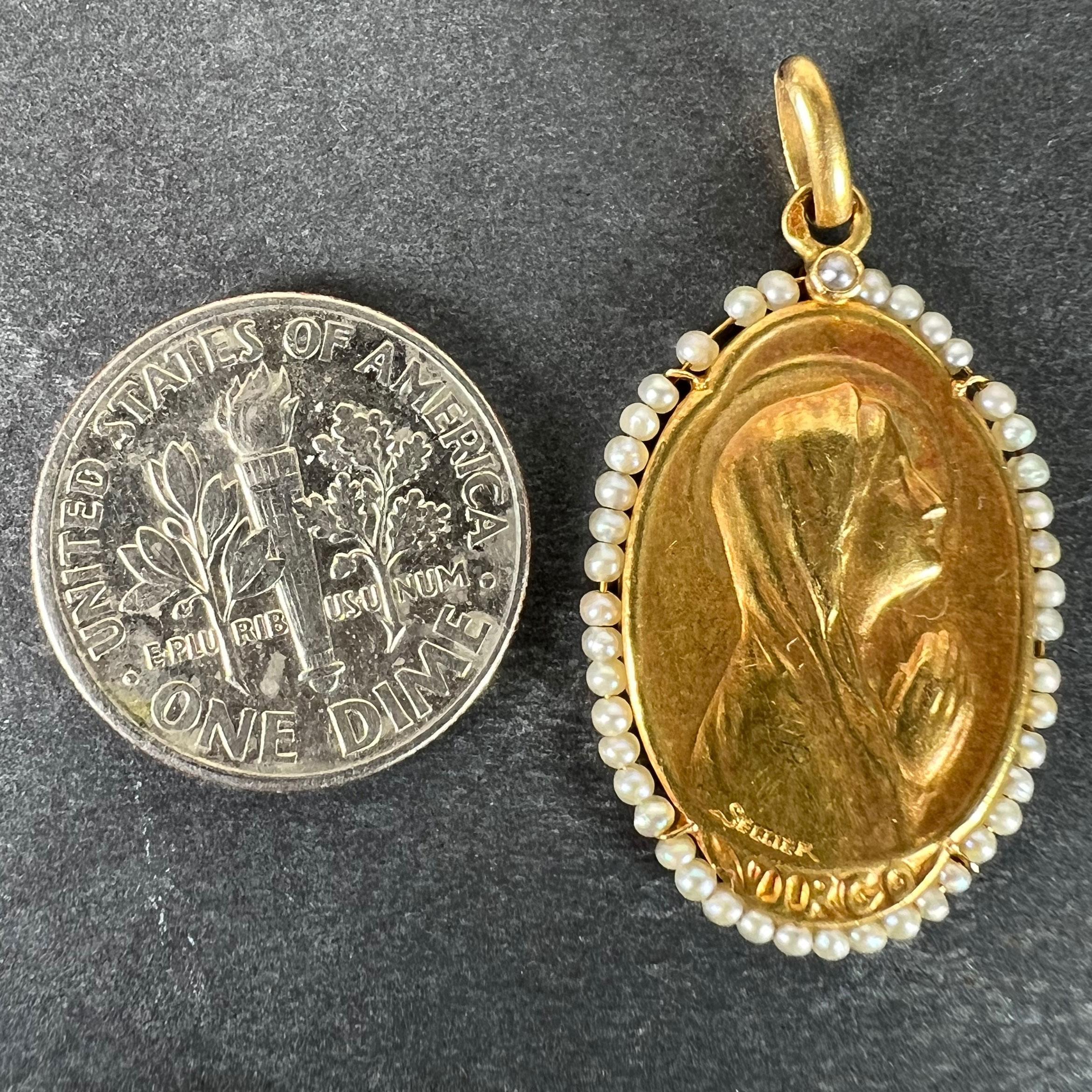 Antique French Sellier Pendentif Médaille Vierge Marie en or jaune 18K avec perles de rocaille en vente 5
