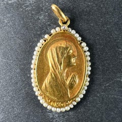 Antique French Sellier Virgin Mary 18K Yellow Gold Seed Pearl Medal Pendant