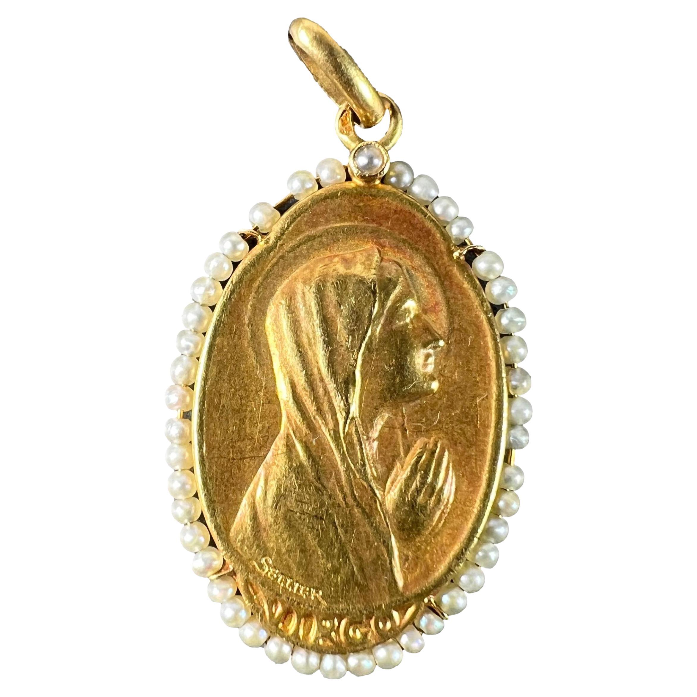 Antique French Sellier Pendentif Médaille Vierge Marie en or jaune 18K avec perles de rocaille