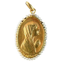 Antique French Sellier Virgin Mary 18K Yellow Gold Seed Pearl Medal Pendant