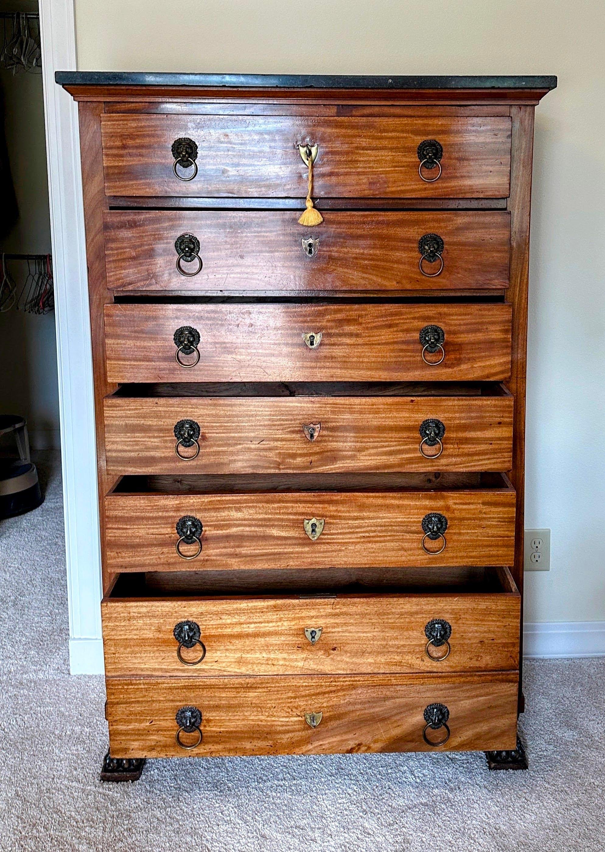 Antique French Semainier Empire Tall Chest of Drawers With Marble Top In Good Condition In Sheridan, CO