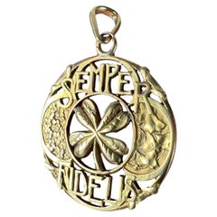 Antique French Semper Fidelis Forever Love 18K Yellow Gold Lucky Clover Pendant