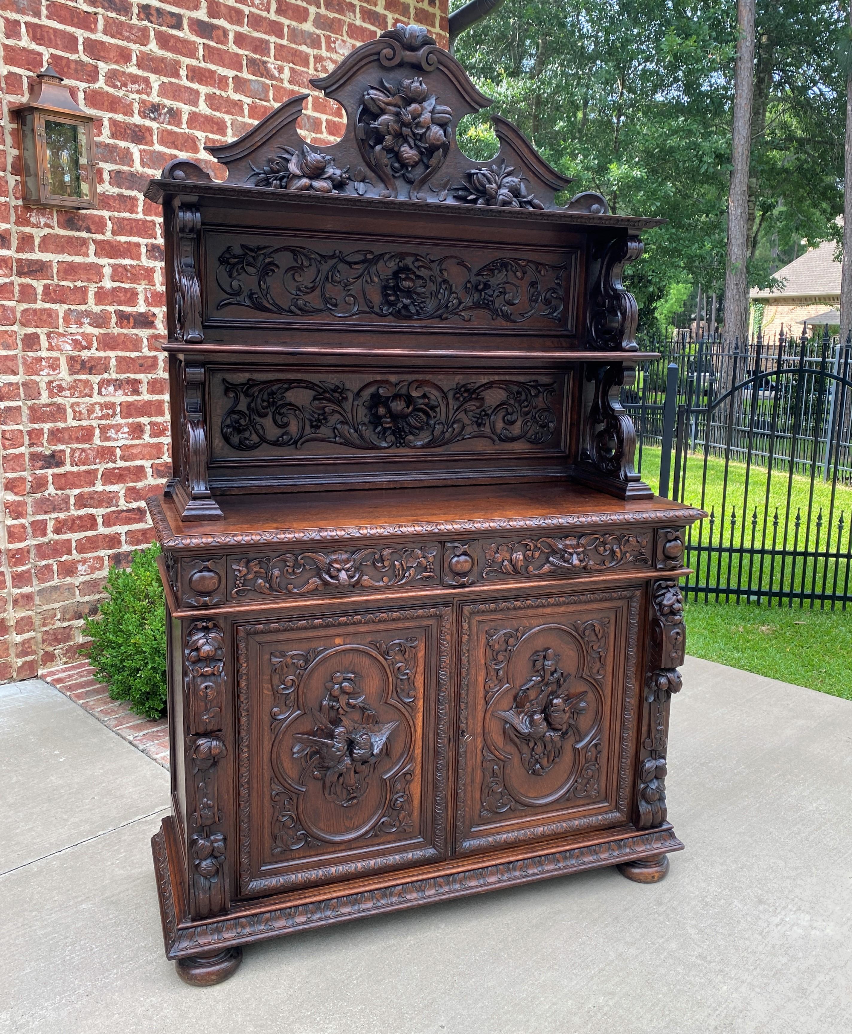 SUPERB 19th Century Antique French Oak 3-Tier Black Forest Server Sideboard Buffet Cabinet~~LION MASK and LOVE BIRDS~~
c. 1880s 

This is only one of multiple exquisite pieces recently received from our European shipper~~wonderful hand-carved oak