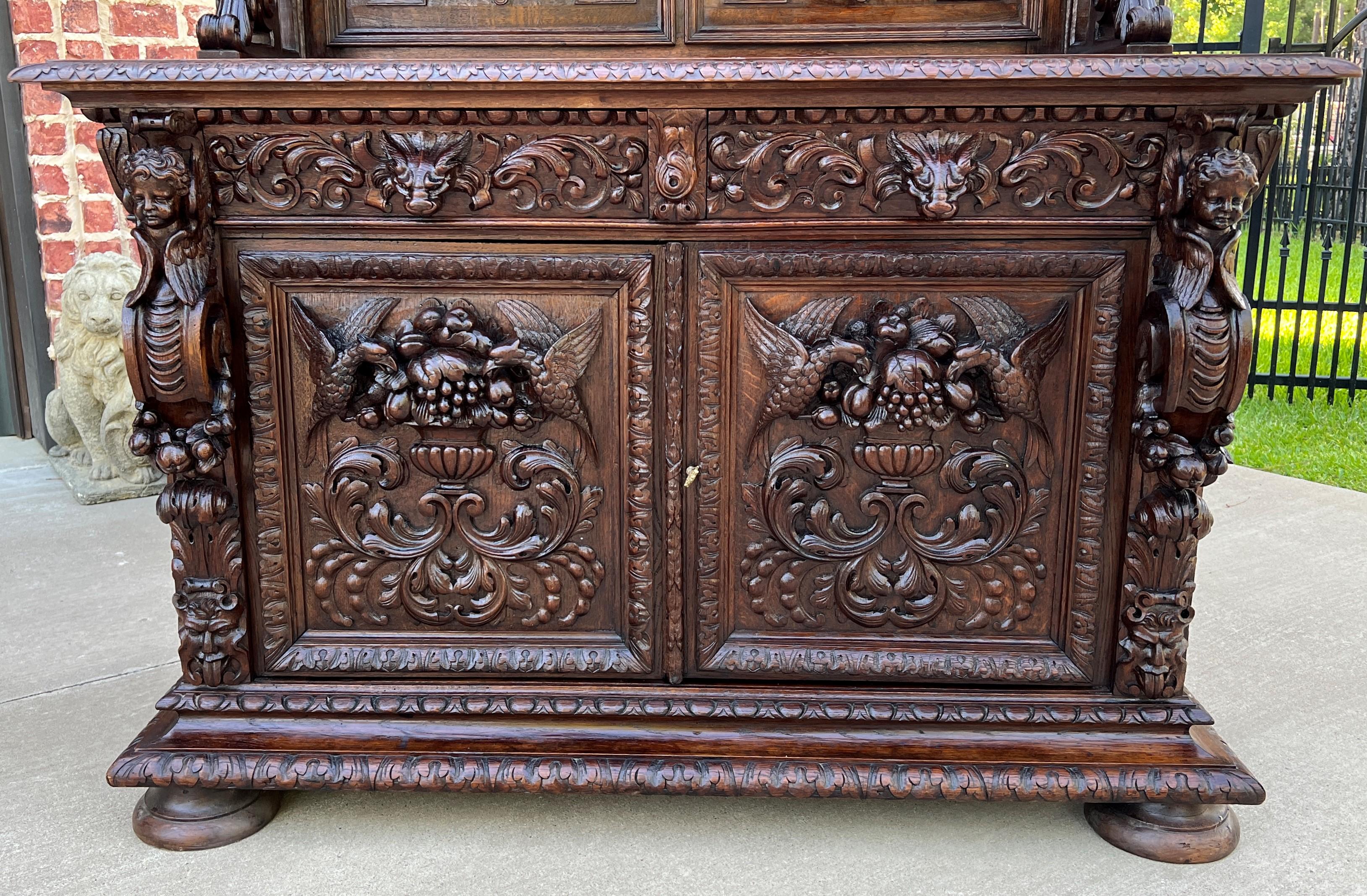 Antique French Server Buffet Sideboard Cabinet Oak Renaissance Dogs Birds Lions 9