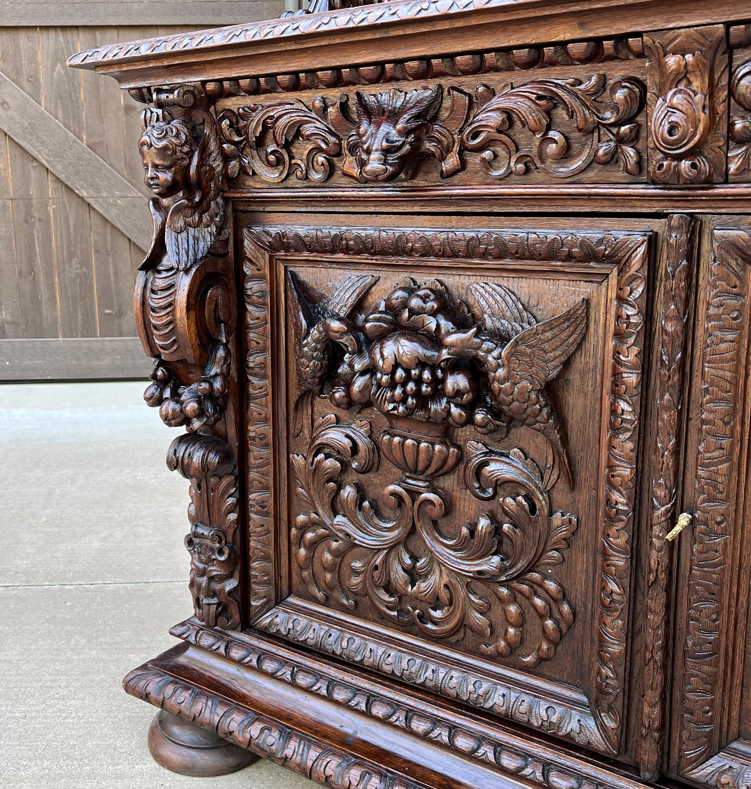 Antique French Server Buffet Sideboard Cabinet Oak Renaissance Dogs Birds Lions 11