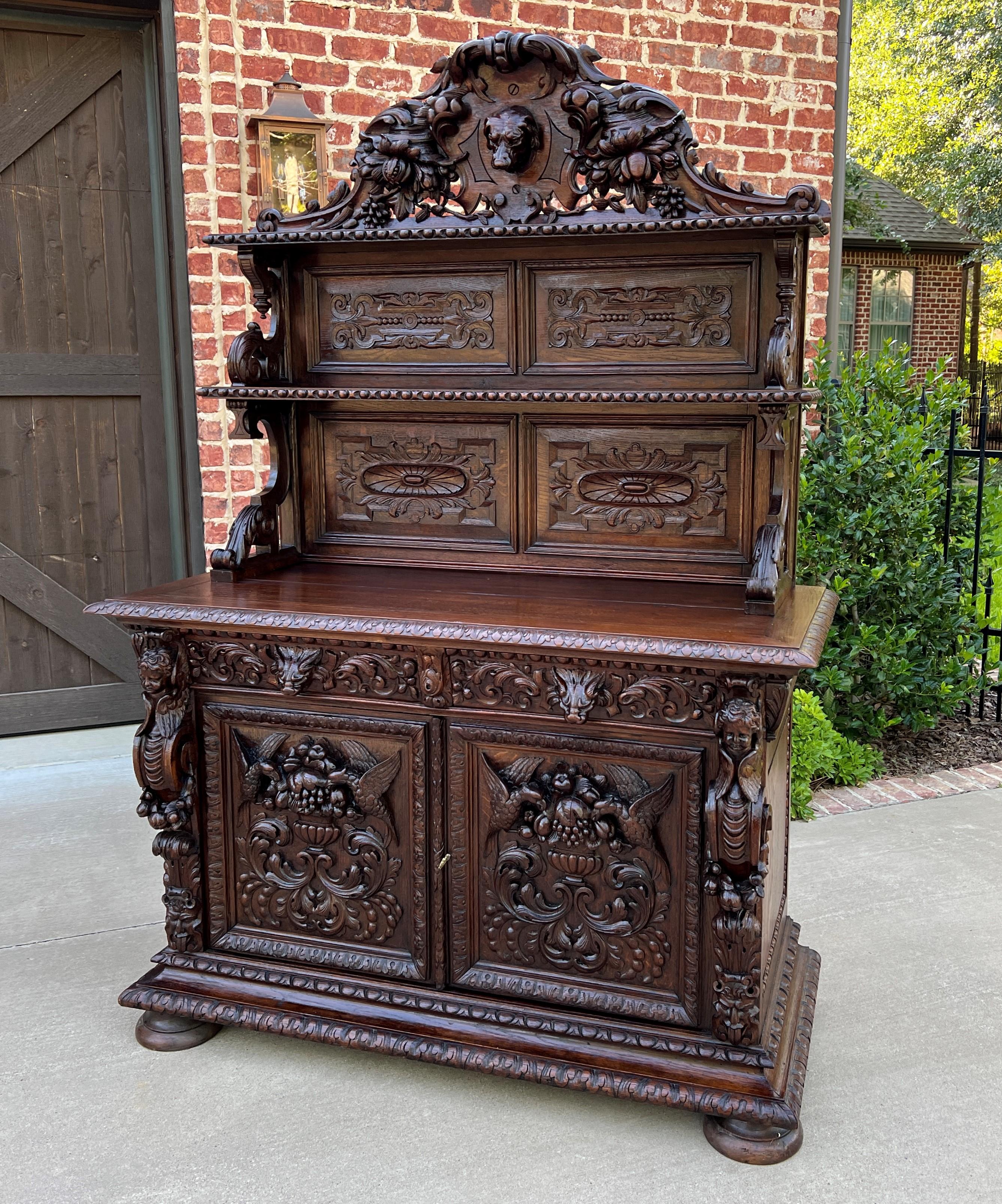 Antique French Server Buffet Sideboard Cabinet Oak Renaissance Dogs Birds Lions In Good Condition In Tyler, TX
