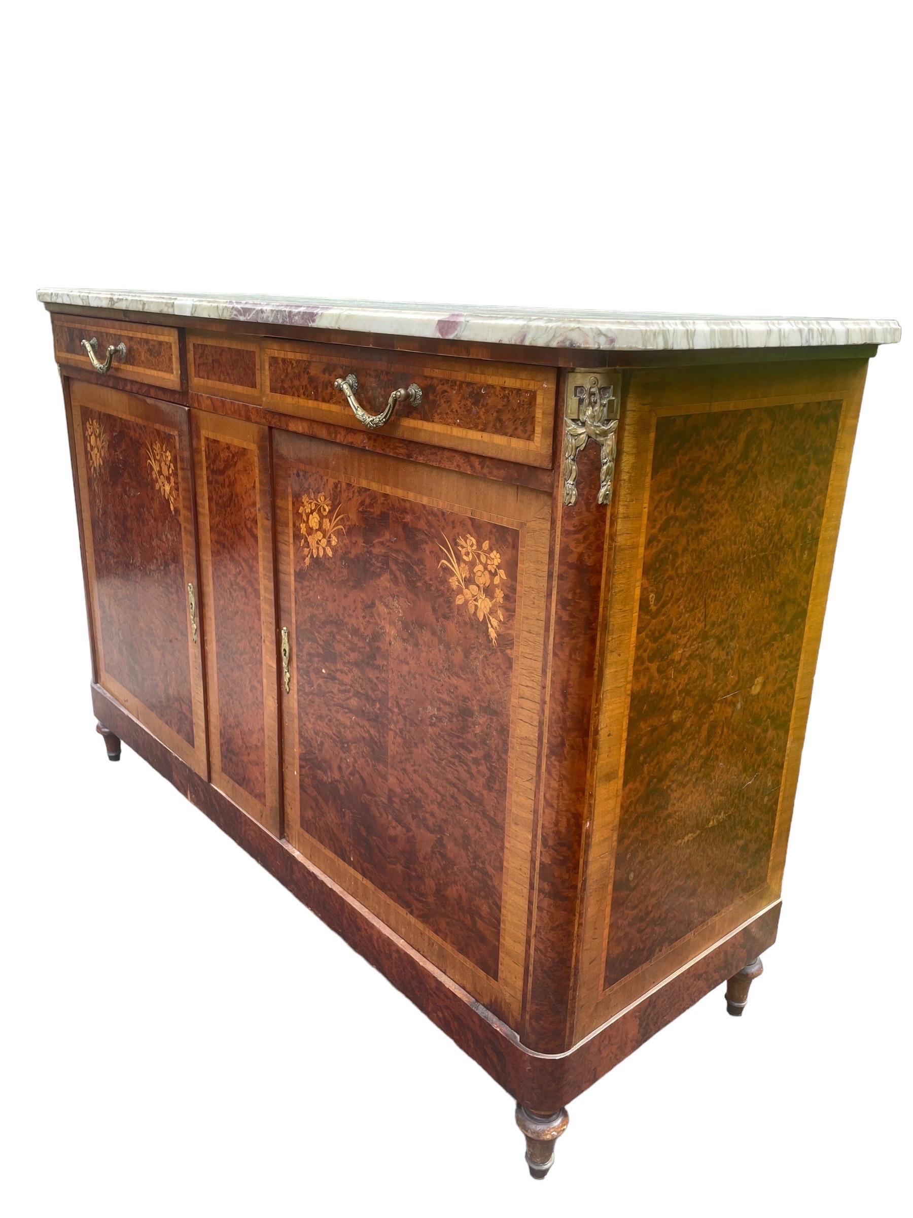Antique French Server Burlwood With Inlaid Marble Top and Bronze Mounts 1920s 6