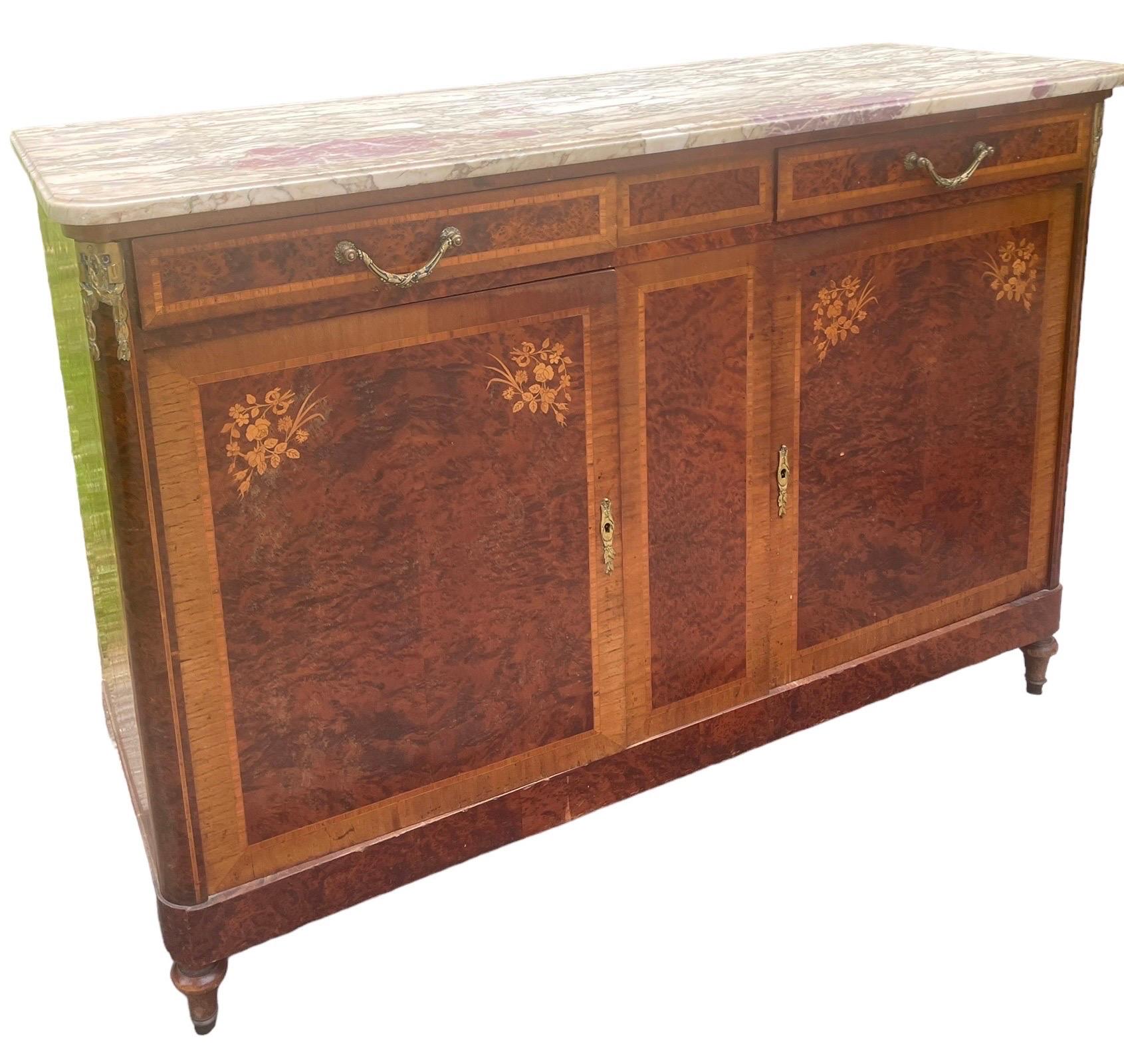 Neoclassical Antique French Server Burlwood With Inlaid Marble Top and Bronze Mounts 1920s