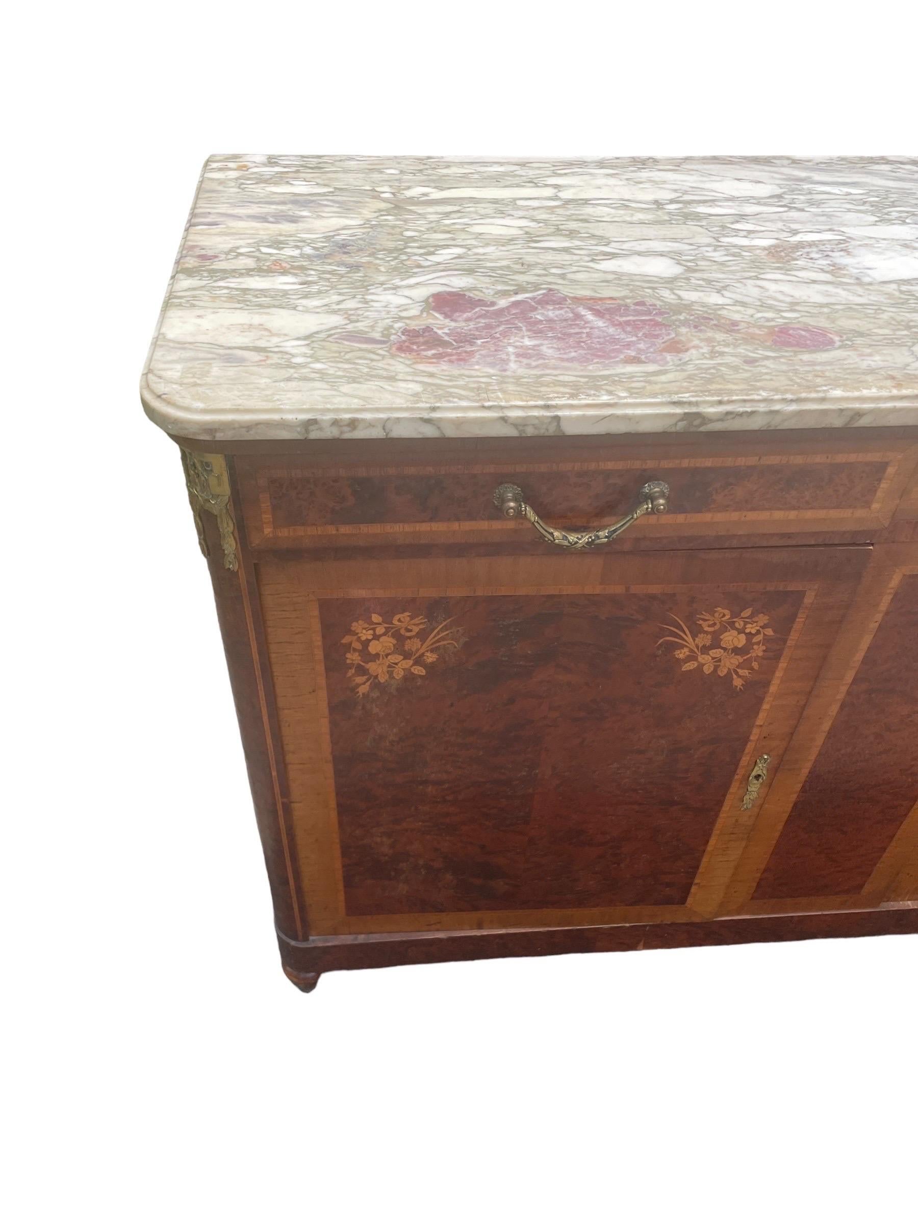 20th Century Antique French Server Burlwood With Inlaid Marble Top and Bronze Mounts 1920s