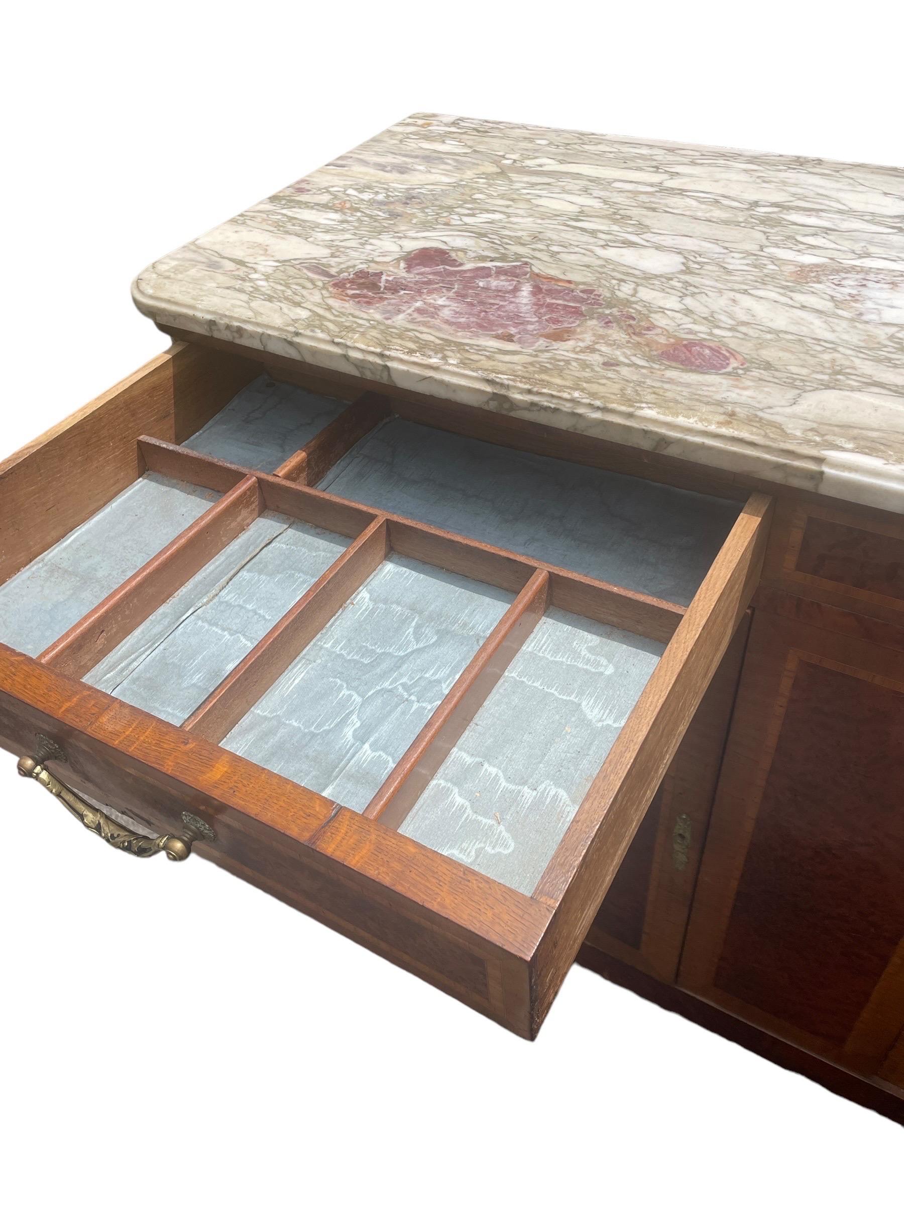 Antique French Server Burlwood With Inlaid Marble Top and Bronze Mounts 1920s 1