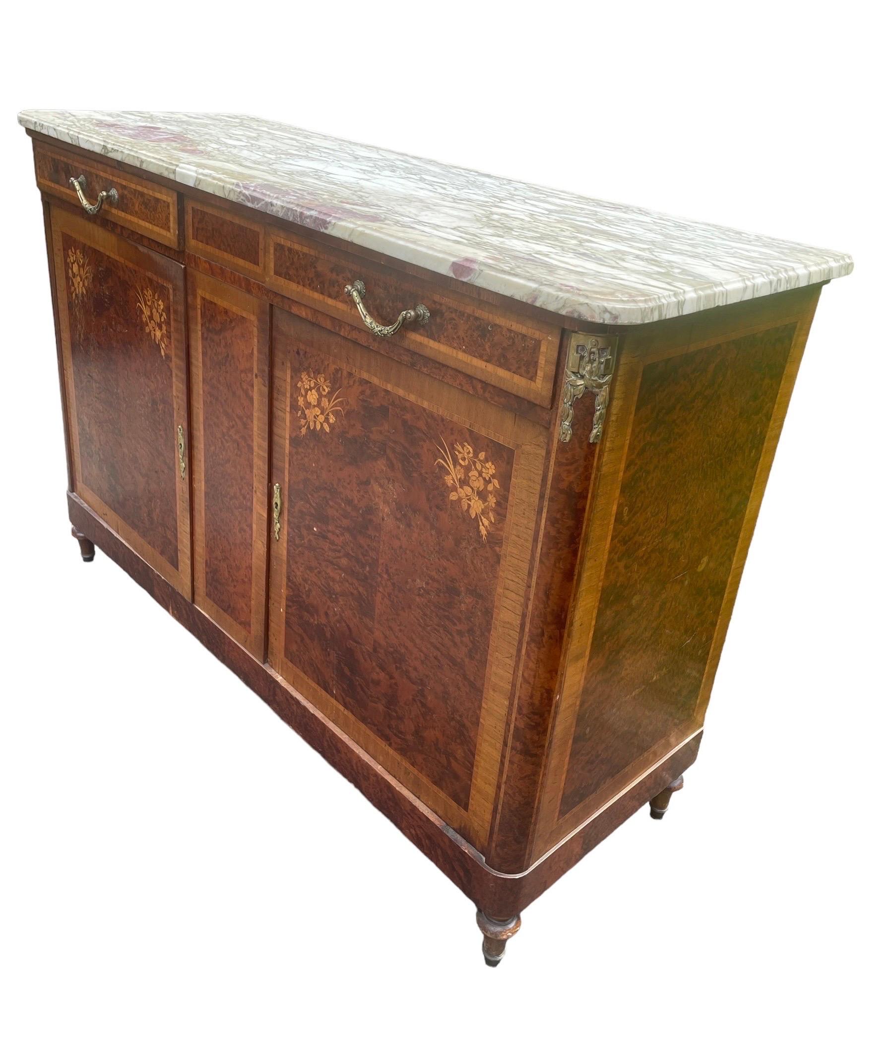 Antique French Server Burlwood With Inlaid Marble Top and Bronze Mounts 1920s 2