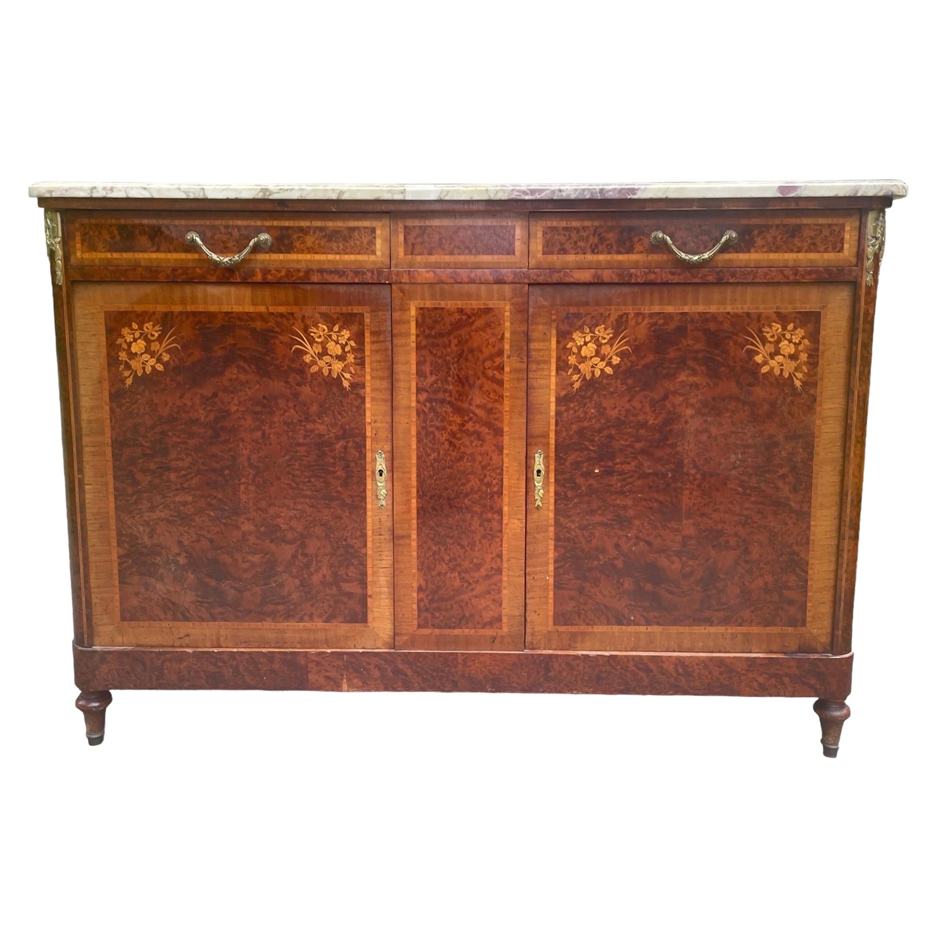 Antique French Server Burlwood With Inlaid Marble Top and Bronze Mounts 1920s