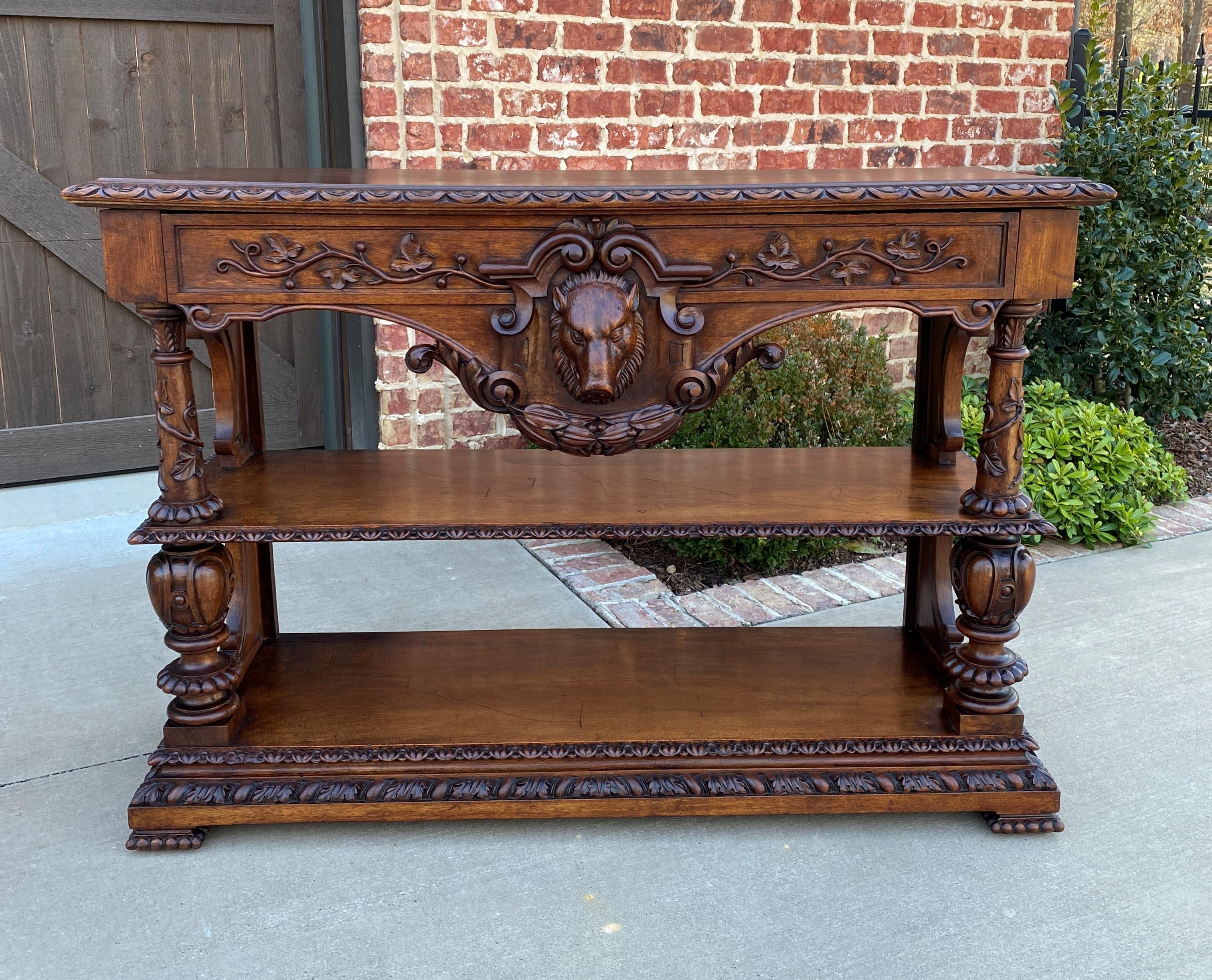Exquisite Antique French highly carved walnut 2-tier console, sofa table or sideboard / server with boars head mask~~leaf and vine carvings~~c. 1880s

Perfect for a foyer console table, living area sofa table, entry hall, sideboard or dessert
