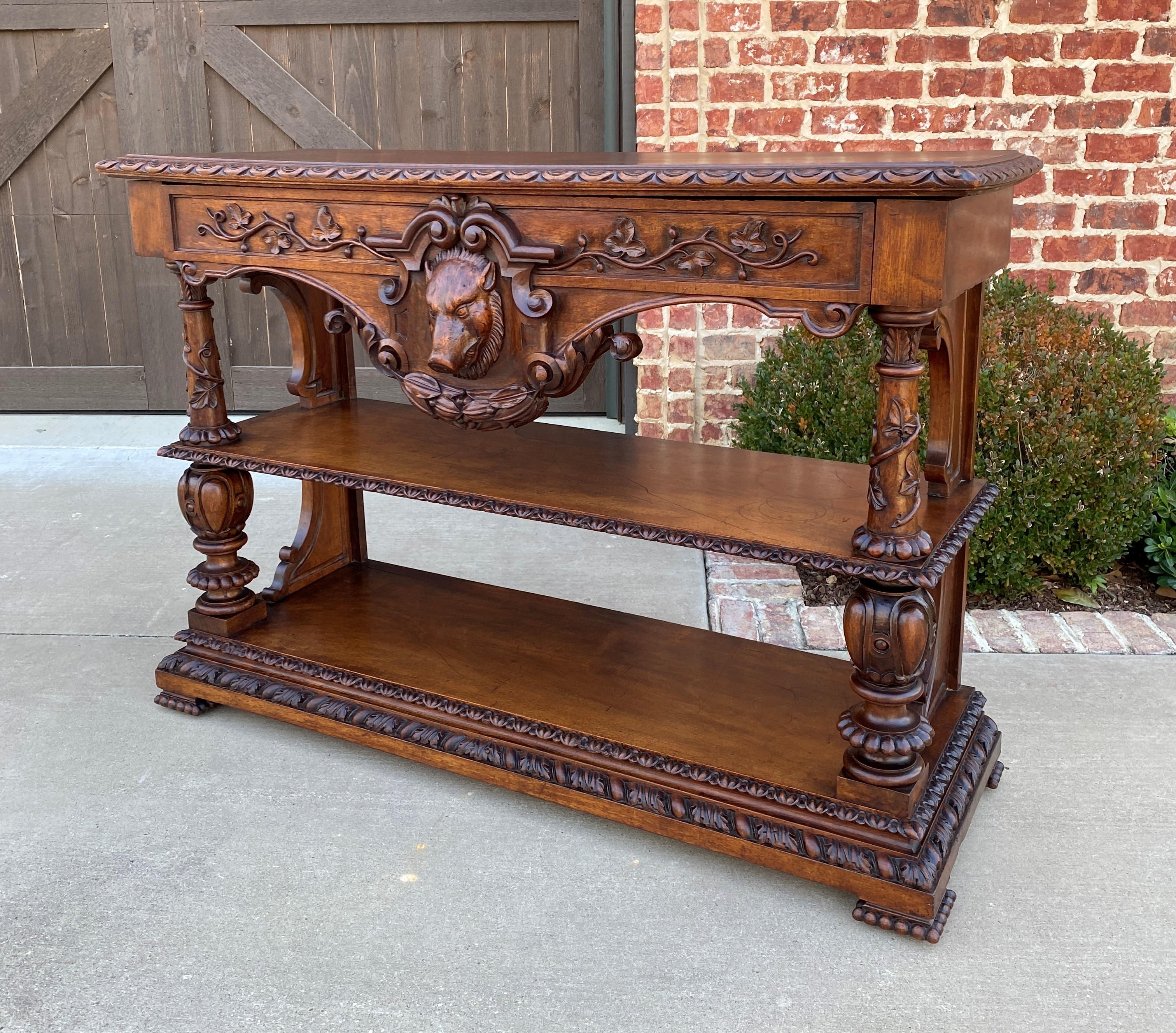 Antique French Server Console Table Sideboard Walnut Boars Head Mask Sofa Table In Good Condition In Tyler, TX