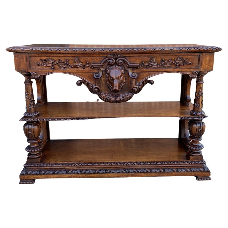 Antique French Server Console Table Sideboard Walnut Boars Head Mask ...