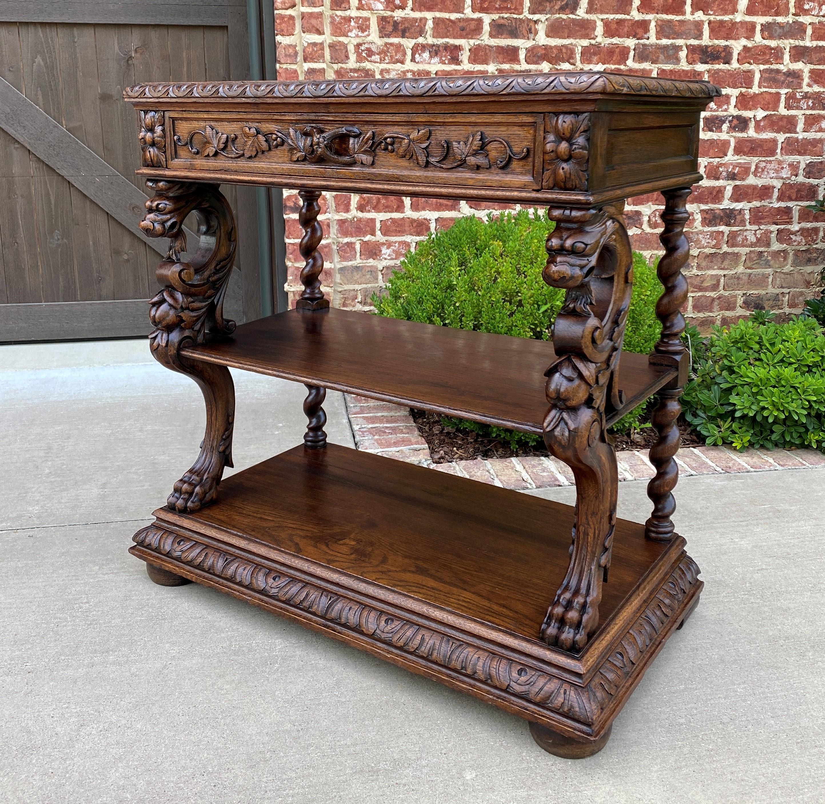 Renaissance Revival Antique French Server Sideboard Buffet 3-Tier Dragons Barley Twist Marble Top