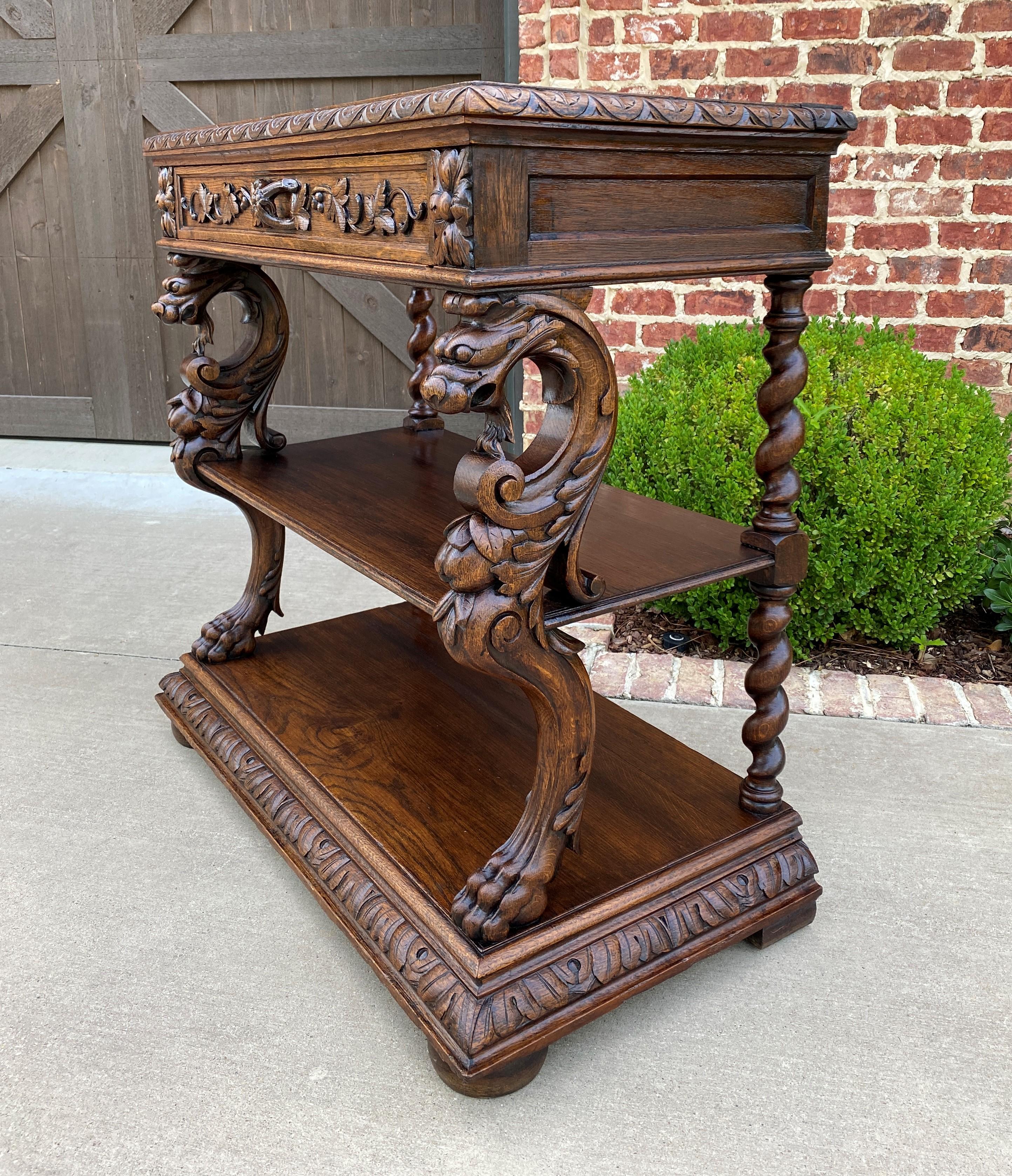 Antique French Server Sideboard Buffet 3-Tier Dragons Barley Twist Marble Top In Good Condition In Tyler, TX