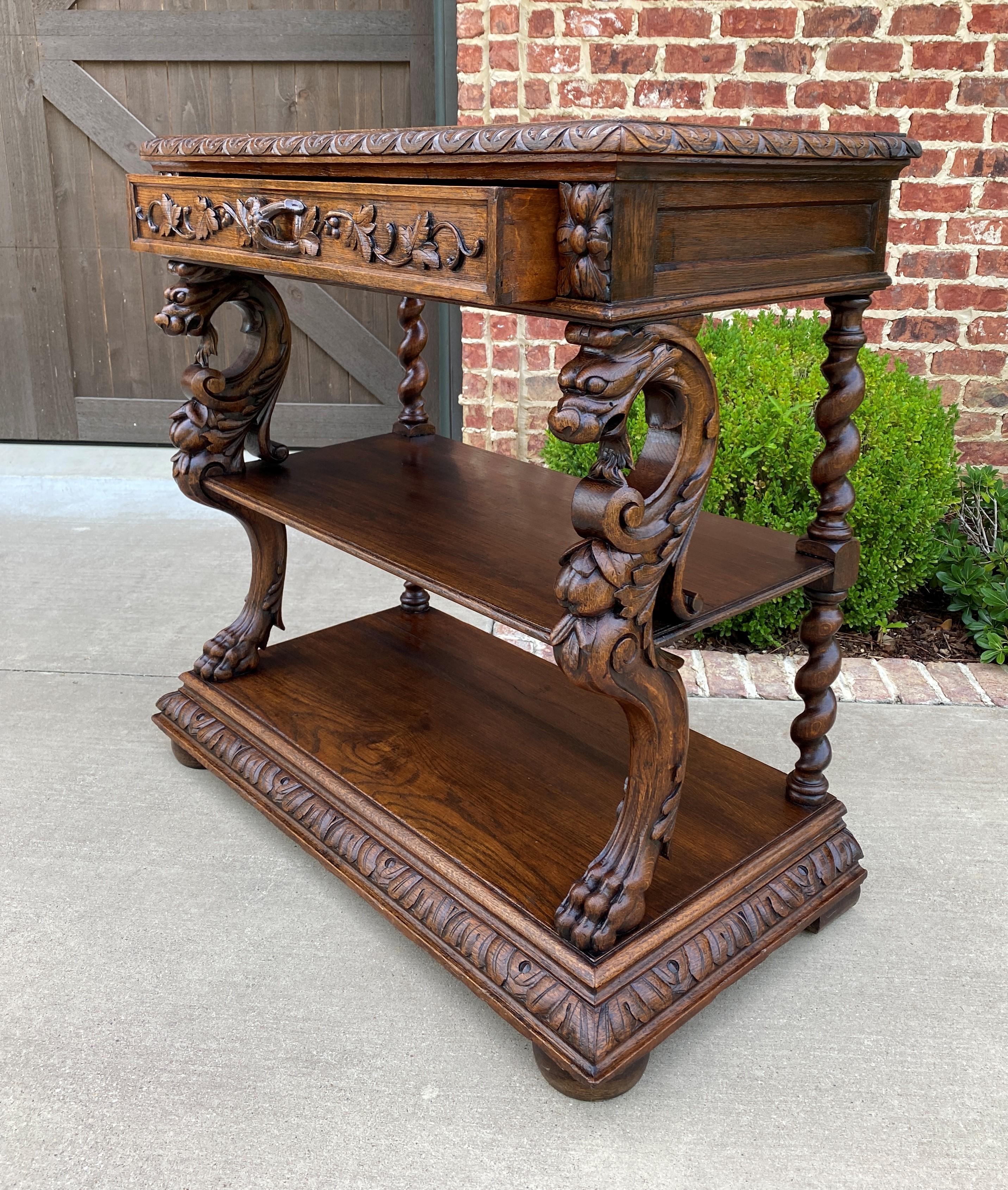 19th Century Antique French Server Sideboard Buffet 3-Tier Dragons Barley Twist Marble Top