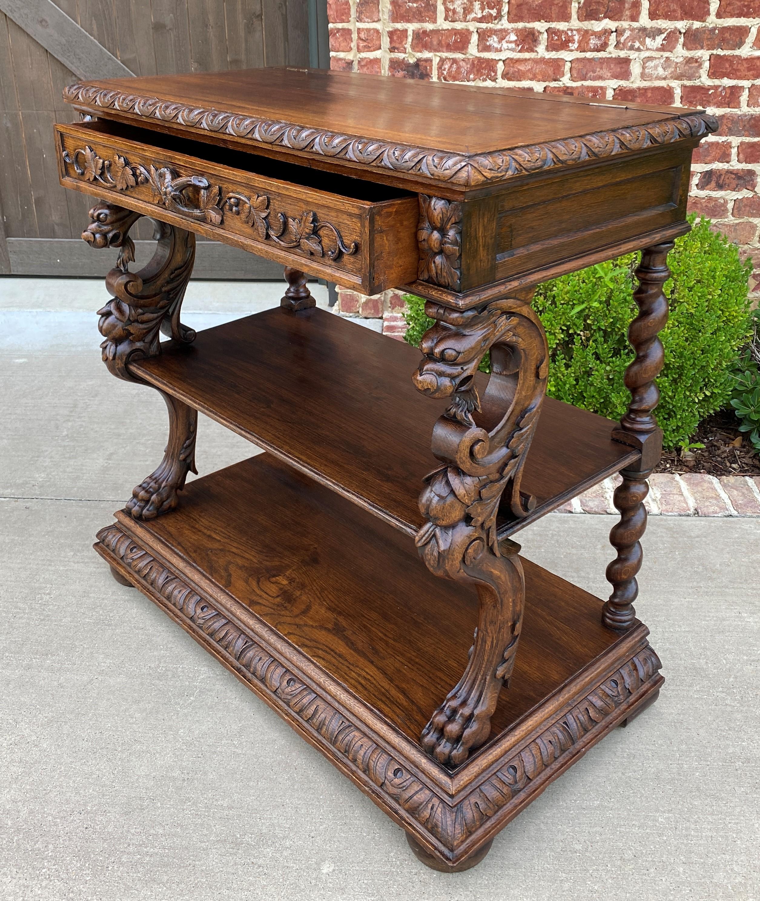 Oak Antique French Server Sideboard Buffet 3-Tier Dragons Barley Twist Marble Top