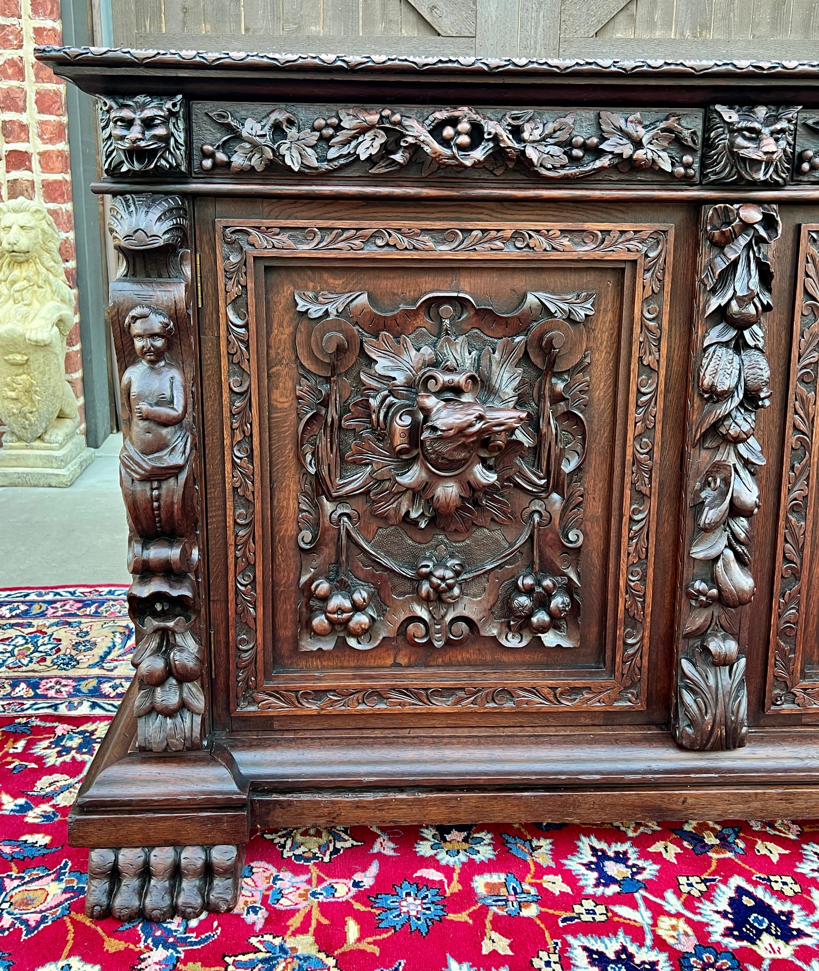Antique French Server Sideboard Buffet Cabinet Oak DOGS Renaissance Revival 19C 5