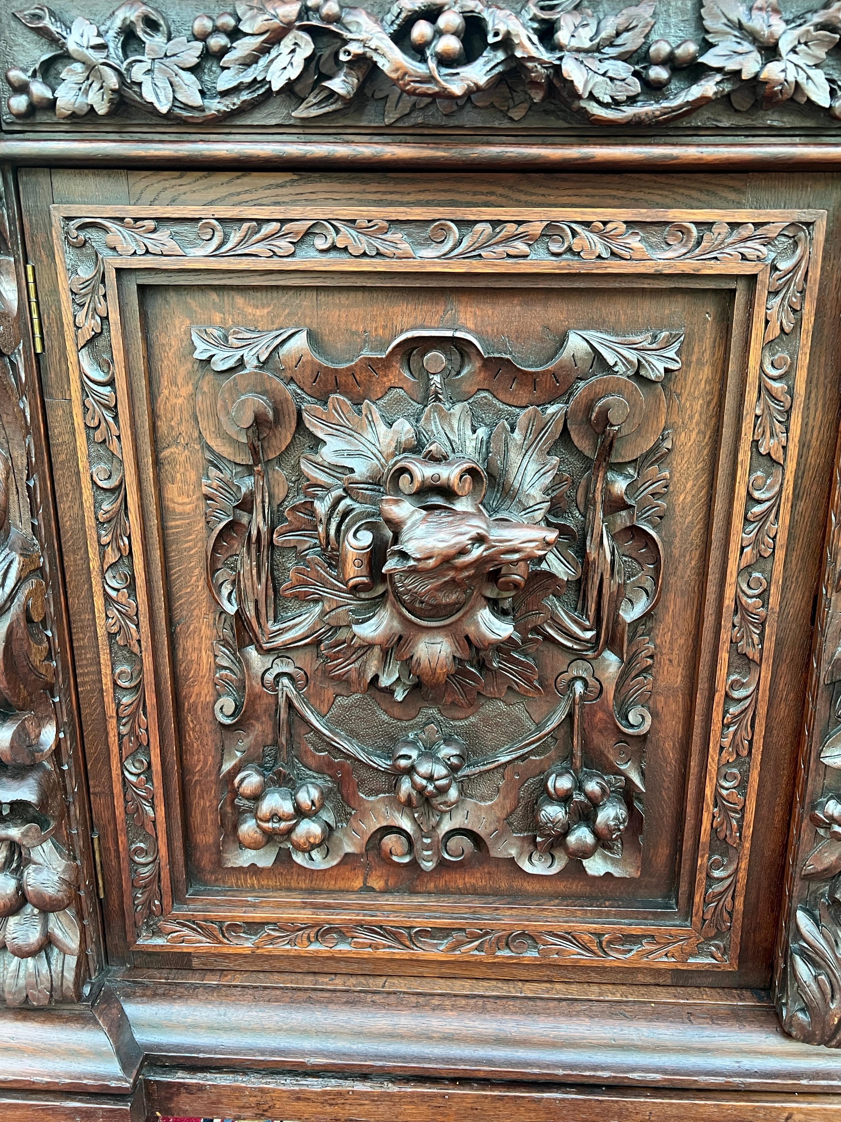 Antique French Server Sideboard Buffet Cabinet Oak DOGS Renaissance Revival 19C 6