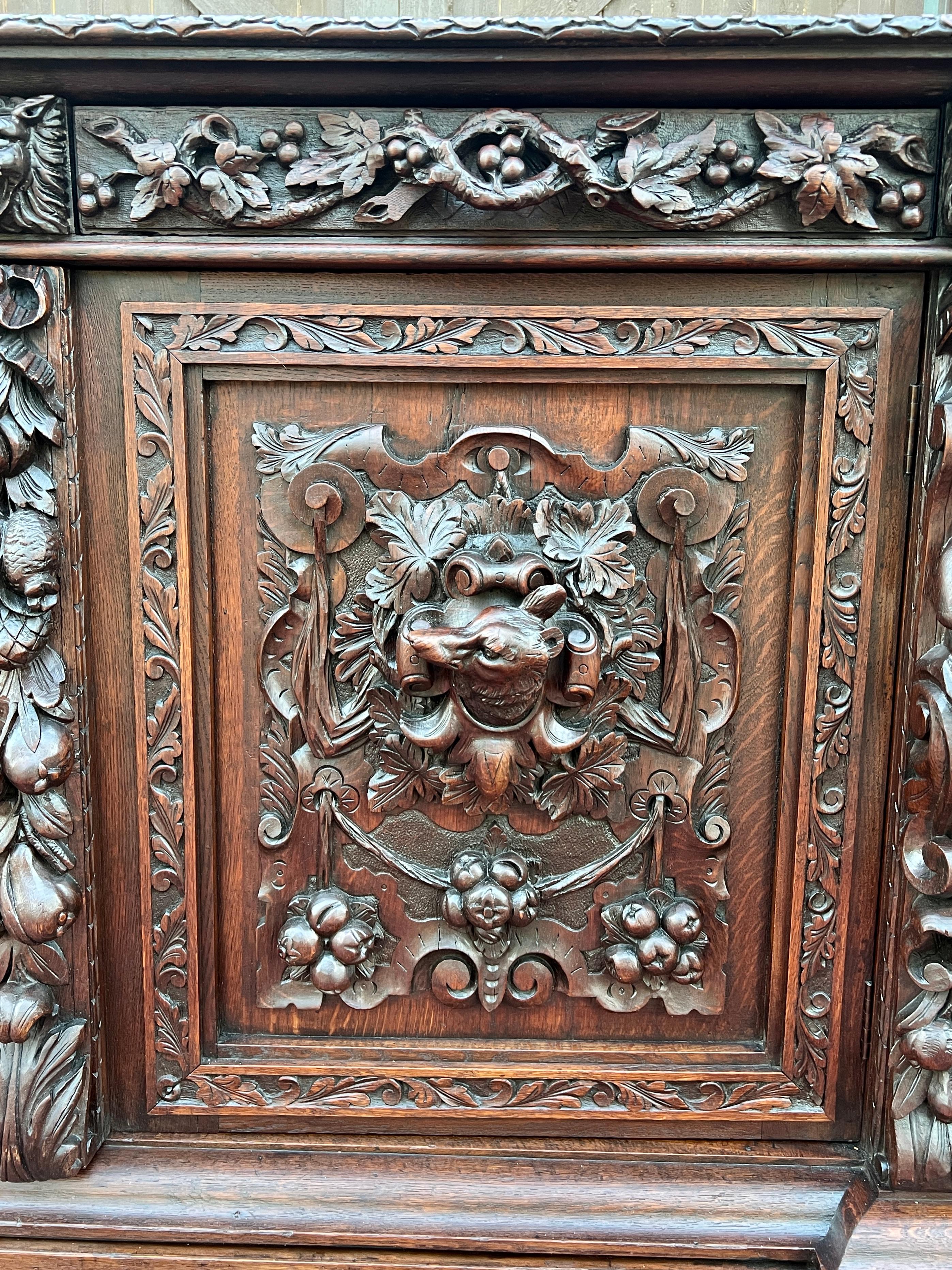 Antique French Server Sideboard Buffet Cabinet Oak DOGS Renaissance Revival 19C 7