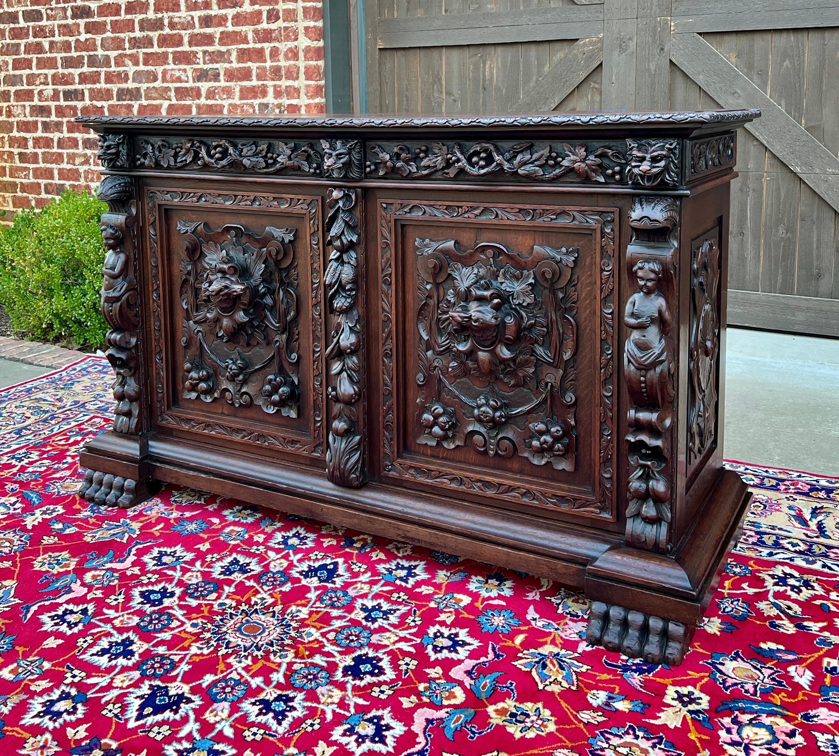 Antique French Server Sideboard Buffet Cabinet Oak DOGS Renaissance Revival 19C 12