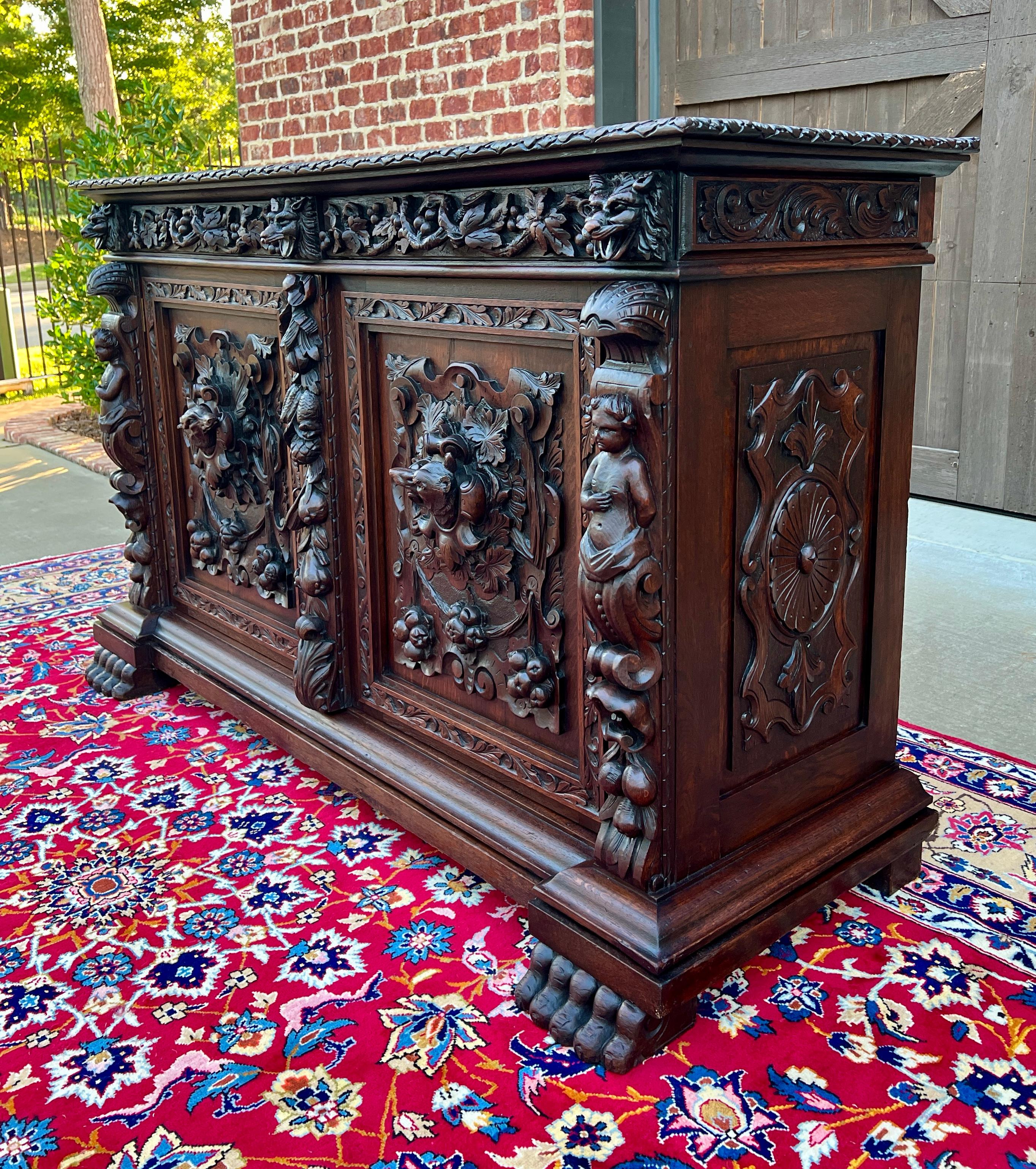 Antique French Server Sideboard Buffet Cabinet Oak DOGS Renaissance Revival 19C 13