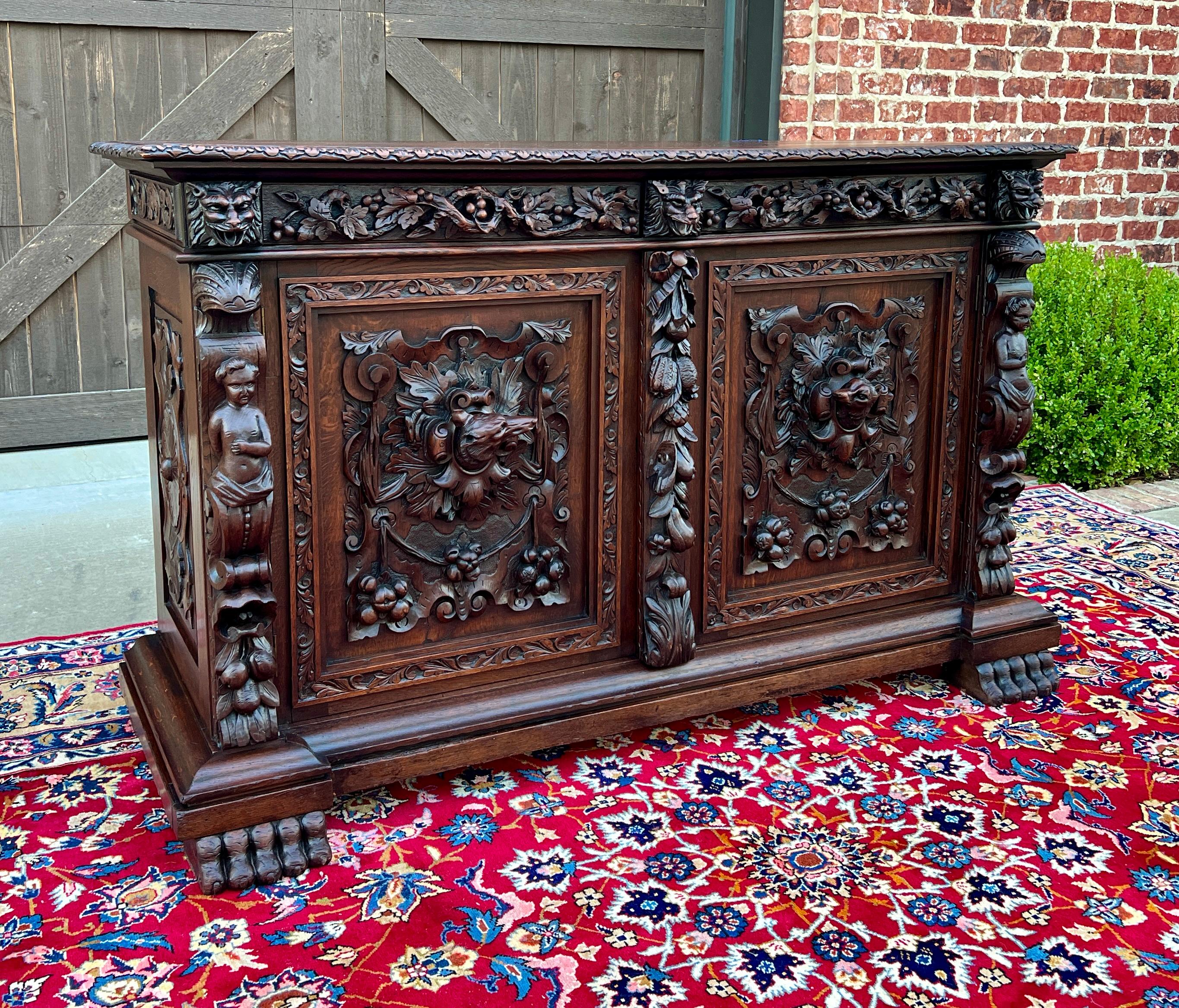 Antique French Server Sideboard Buffet Cabinet Oak DOGS Renaissance Revival 19C 14