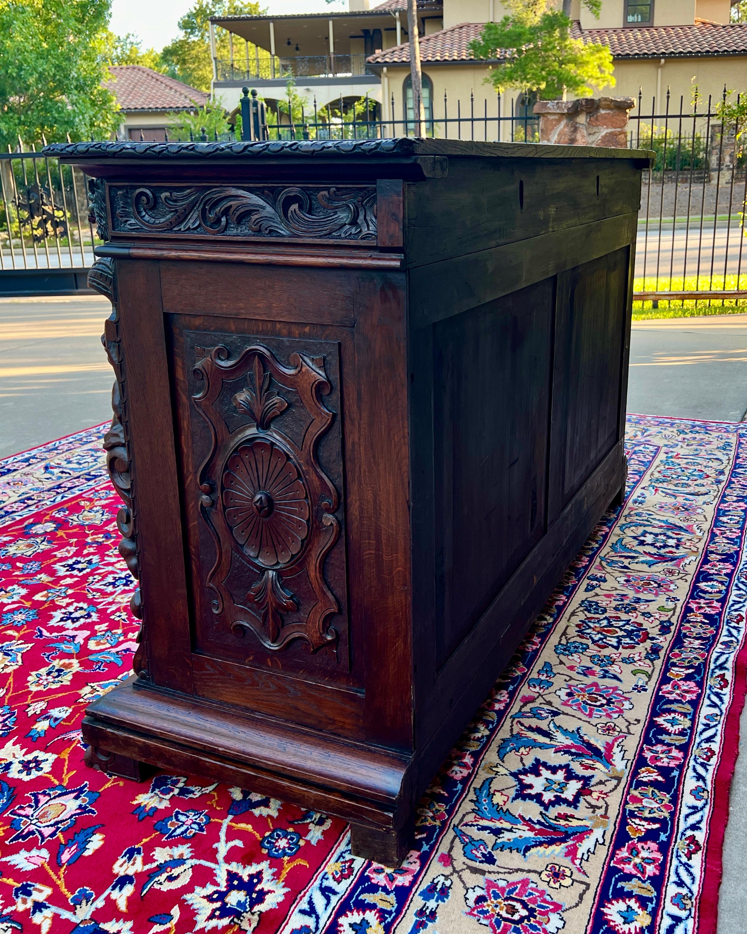 Antique French Server Sideboard Buffet Cabinet Oak DOGS Renaissance Revival 19C 15
