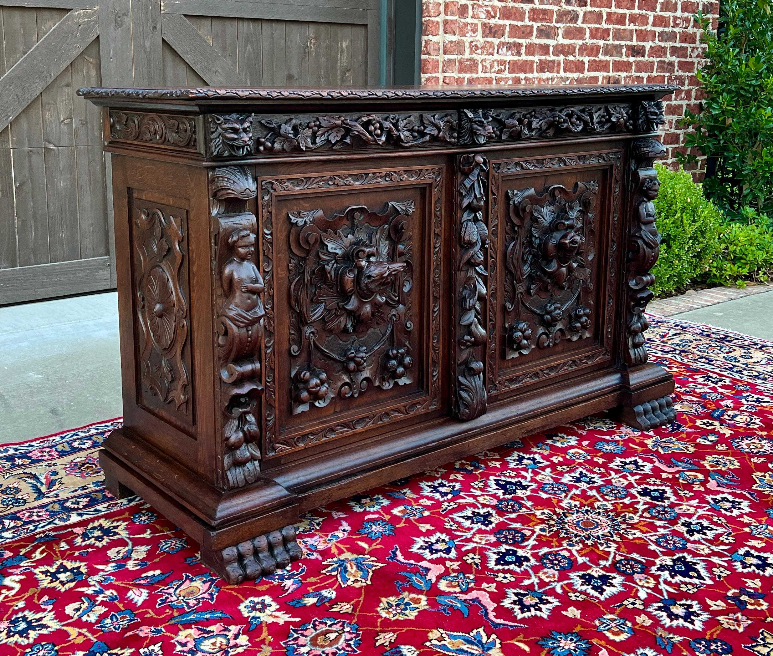 Carved Antique French Server Sideboard Buffet Cabinet Oak DOGS Renaissance Revival 19C