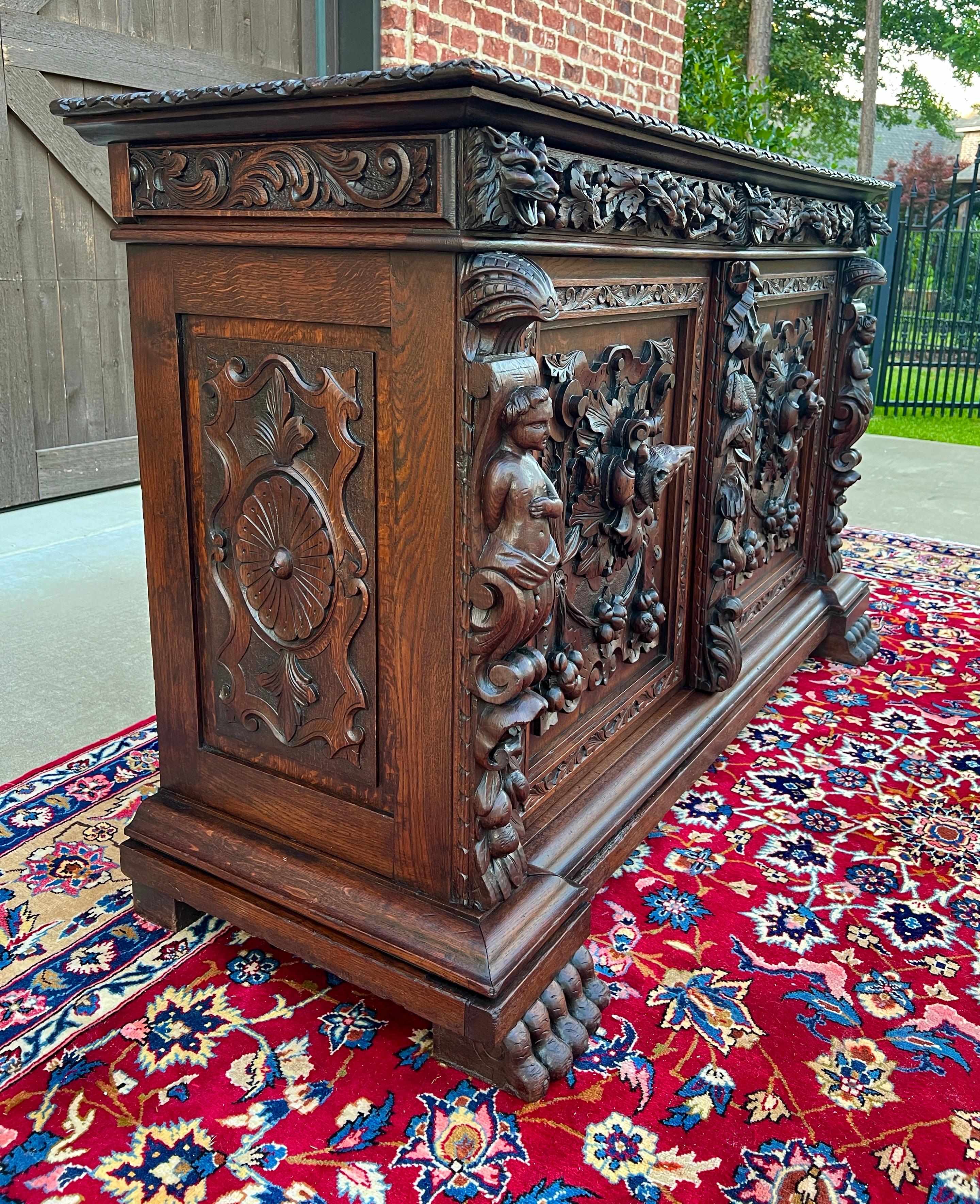 19th Century Antique French Server Sideboard Buffet Cabinet Oak DOGS Renaissance Revival 19C