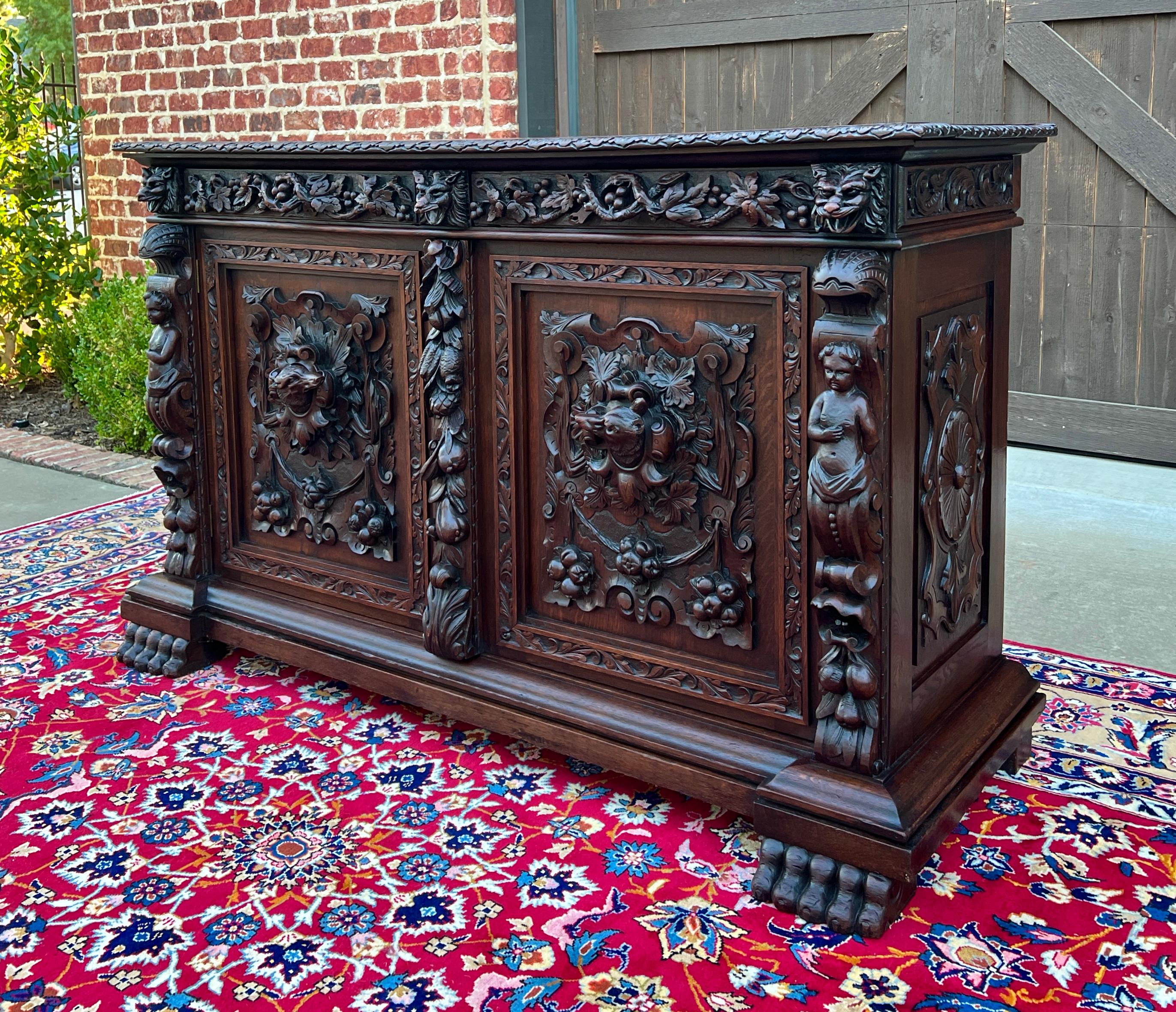 Antique French Server Sideboard Buffet Cabinet Oak DOGS Renaissance Revival 19C 1