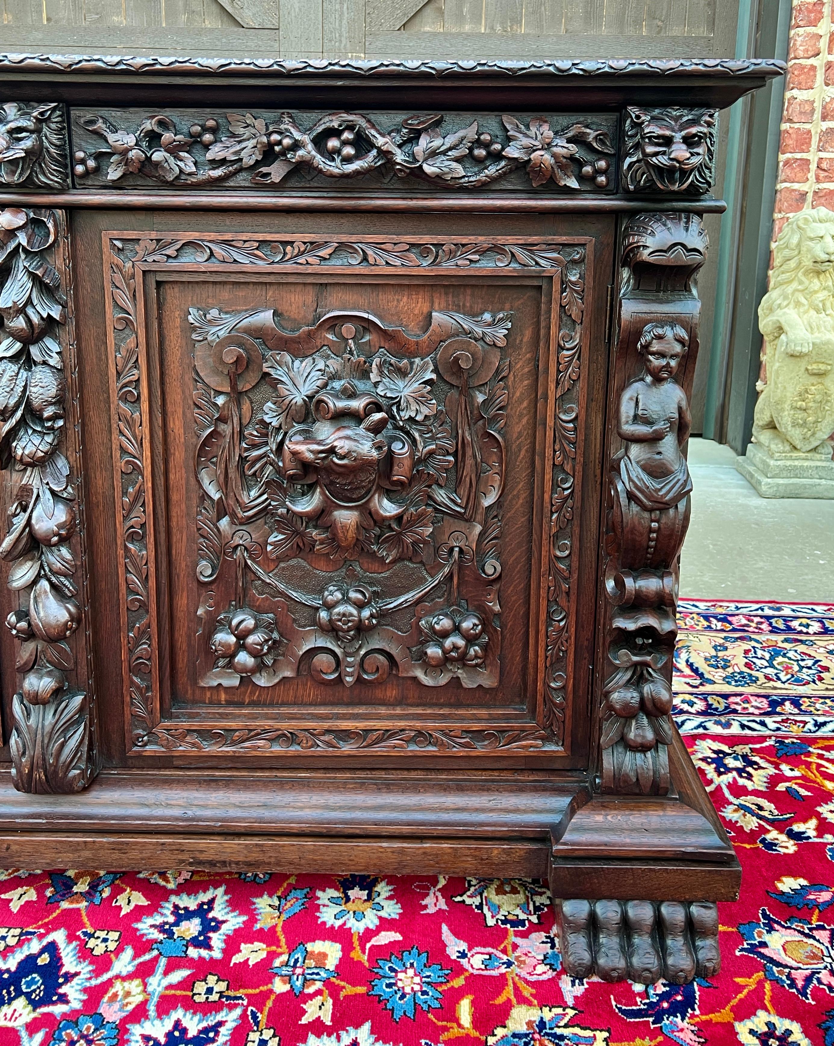 Antique French Server Sideboard Buffet Cabinet Oak DOGS Renaissance Revival 19C 4