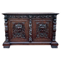 Antique French Server Sideboard Buffet Cabinet Oak DOGS Renaissance Revival 19C