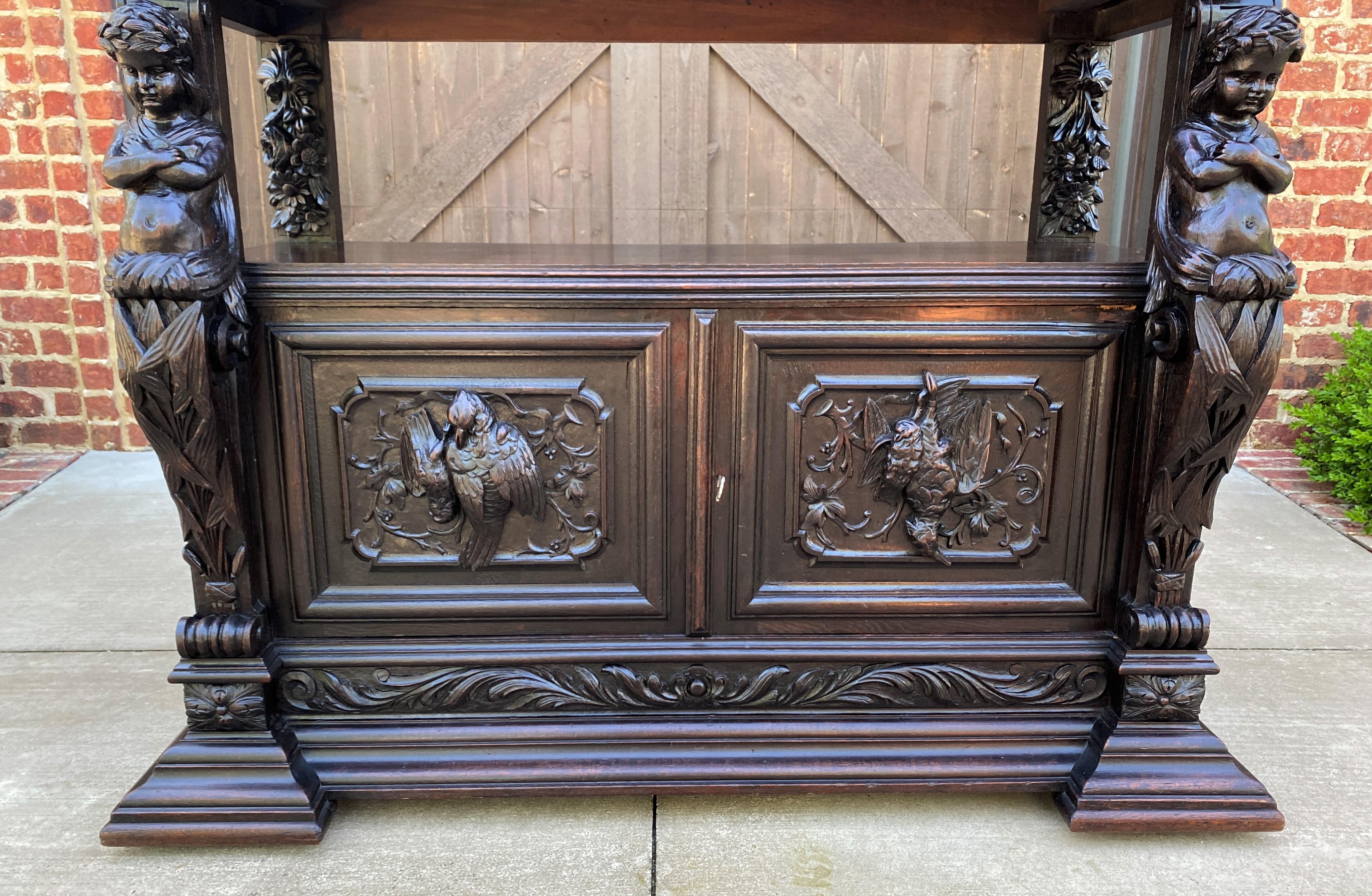 Antique French Server Sideboard Buffet Gothic Revival Oak Lions Cherubs Birds 10