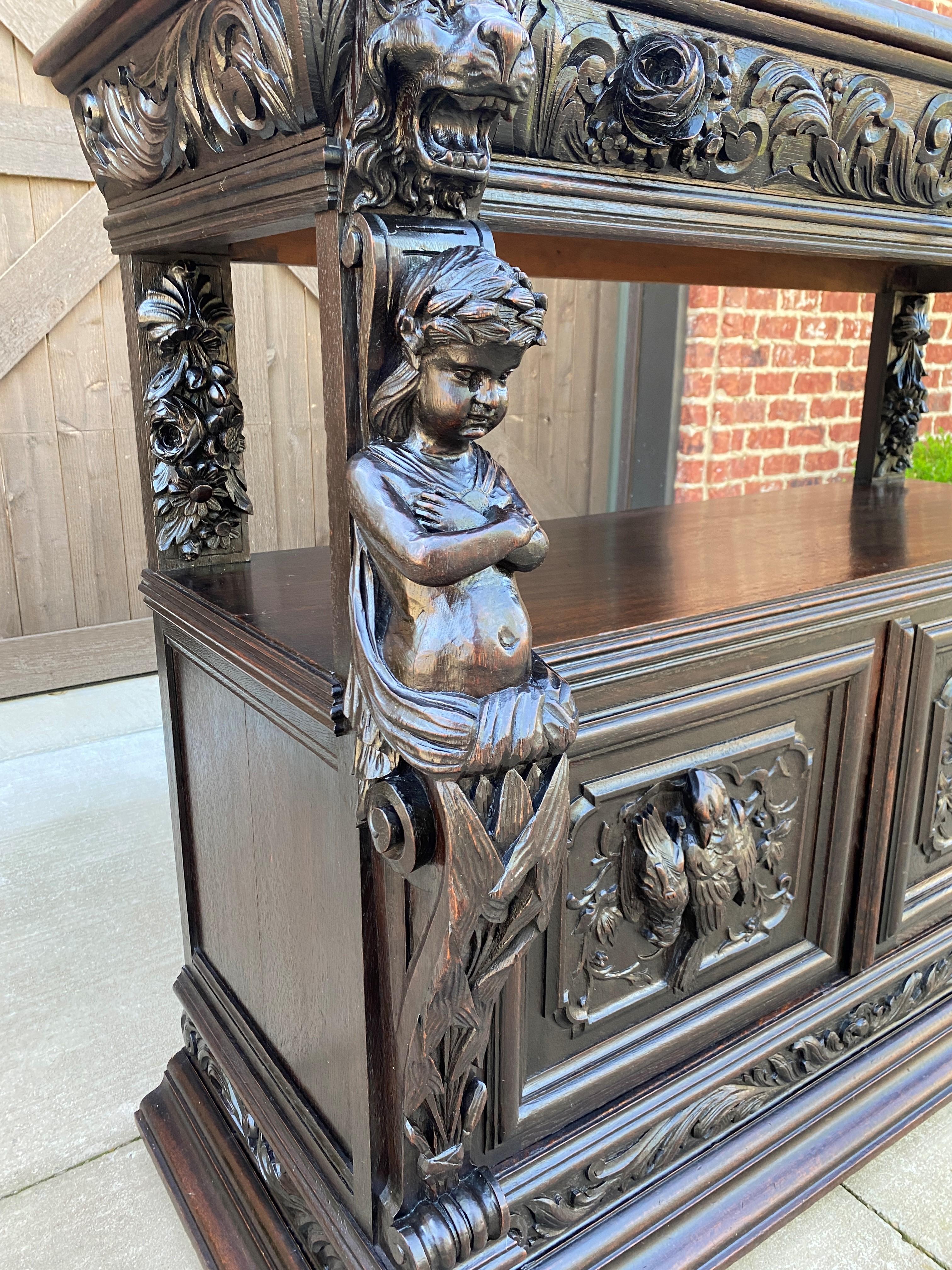 Carved Antique French Server Sideboard Buffet Gothic Revival Oak Lions Cherubs Birds