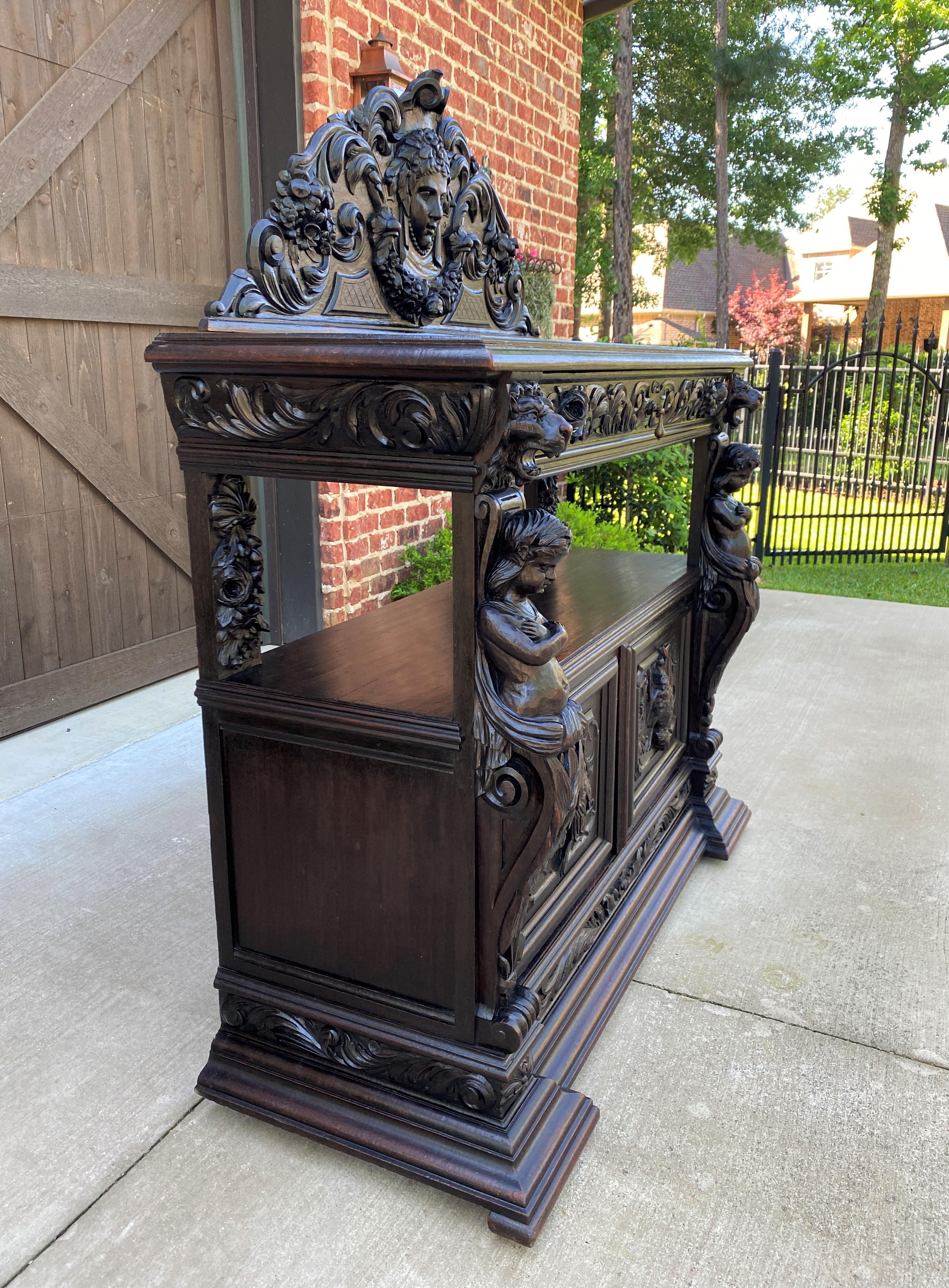 Antique French Server Sideboard Buffet Gothic Revival Oak Lions Cherubs Birds In Good Condition In Tyler, TX