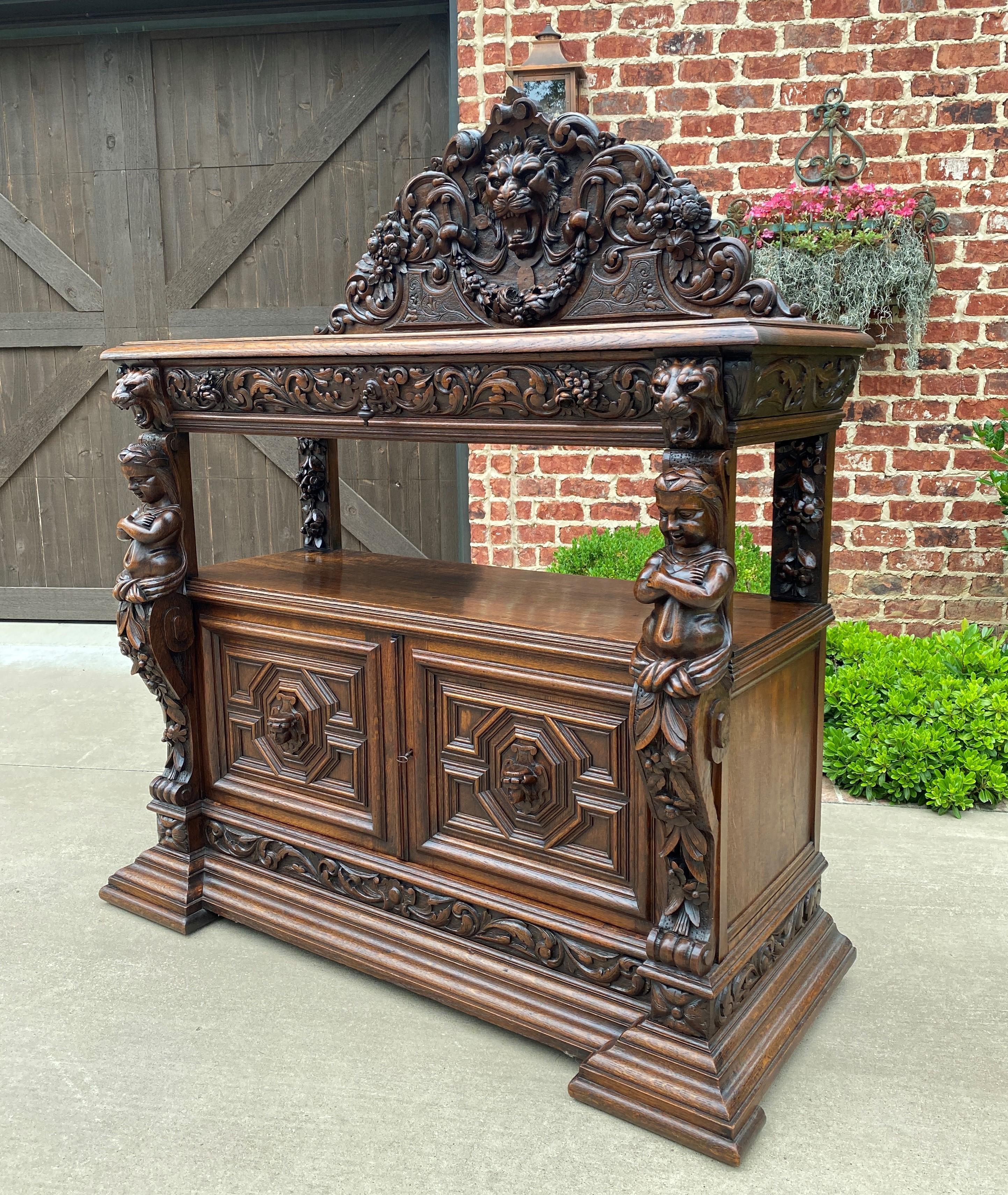 Antique French Server Sideboard Buffet Gothic Revival Oak Lions Mask Figural 8