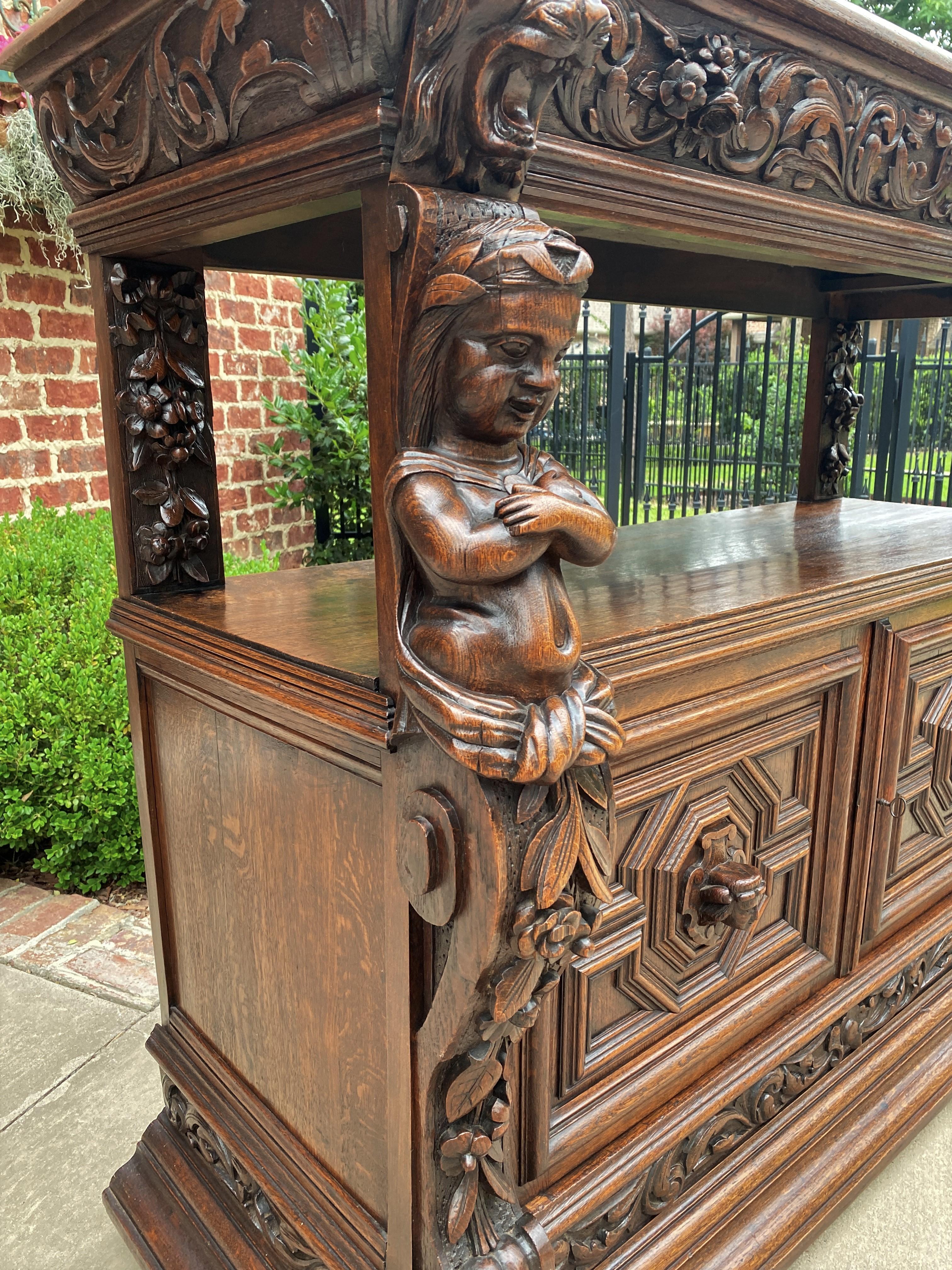 Antique French Server Sideboard Buffet Gothic Revival Oak Lions Mask Figural In Good Condition In Tyler, TX