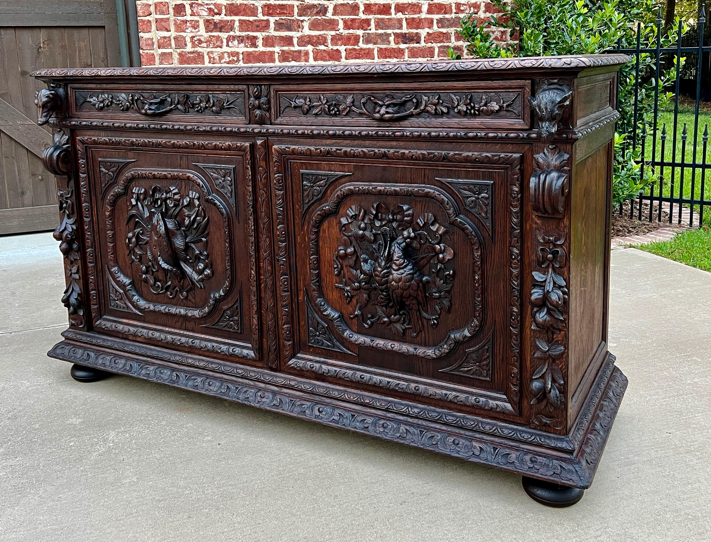19th Century Antique French Server Sideboard Buffet Hunt Cabinet Black Forest Oak Dogs 19C For Sale