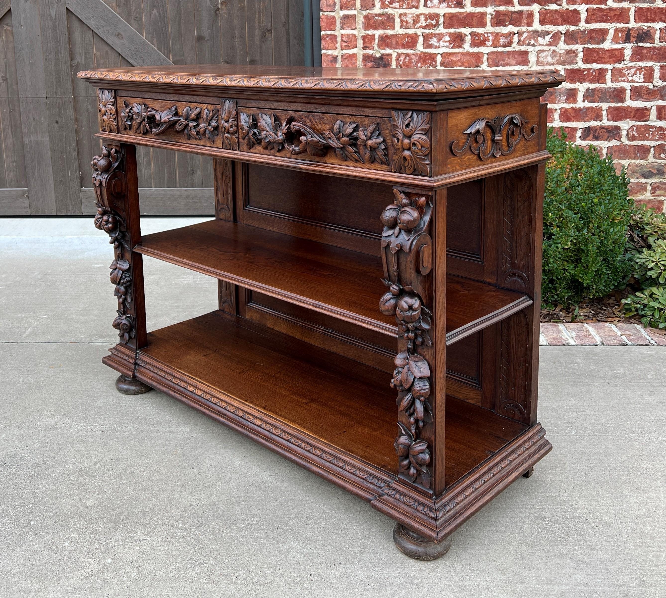 Renaissance Revival Antique French Server Sideboard Console Sofa Table 3-Tier Drawers Carved Oak 19c For Sale