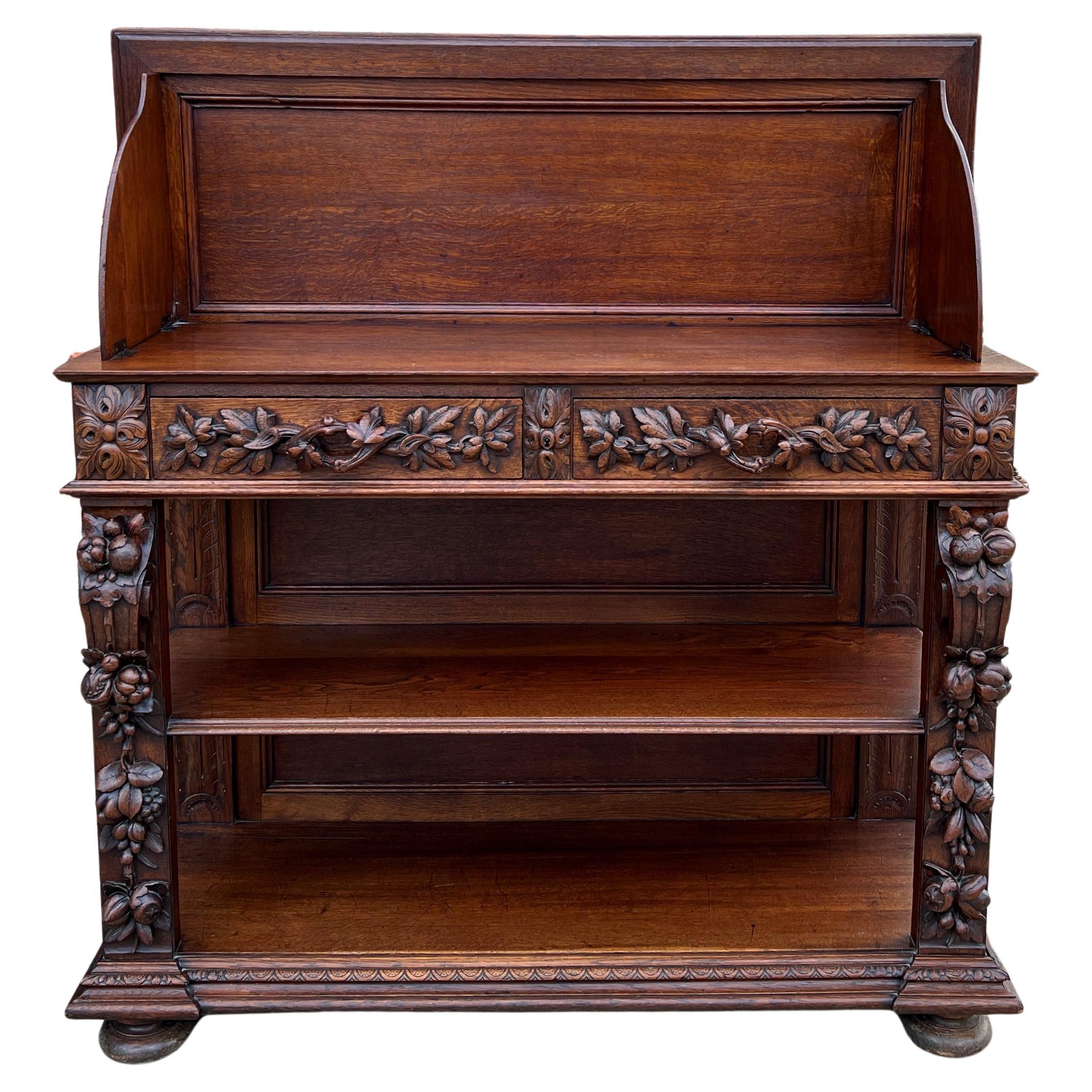 Antique French Server Sideboard Console Sofa Table 3-Tier Drawers Carved Oak 19c For Sale