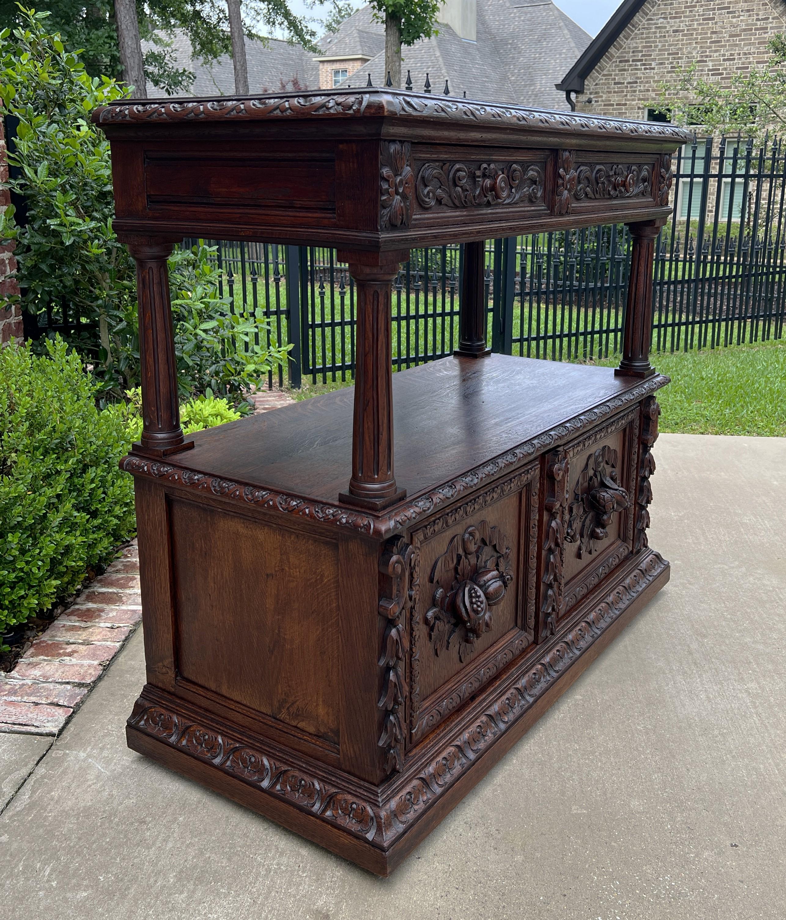 Renaissance Revival Antique French Server Sideboard Console Sofa Table Cabinet 2-Tier Drawers Oak For Sale