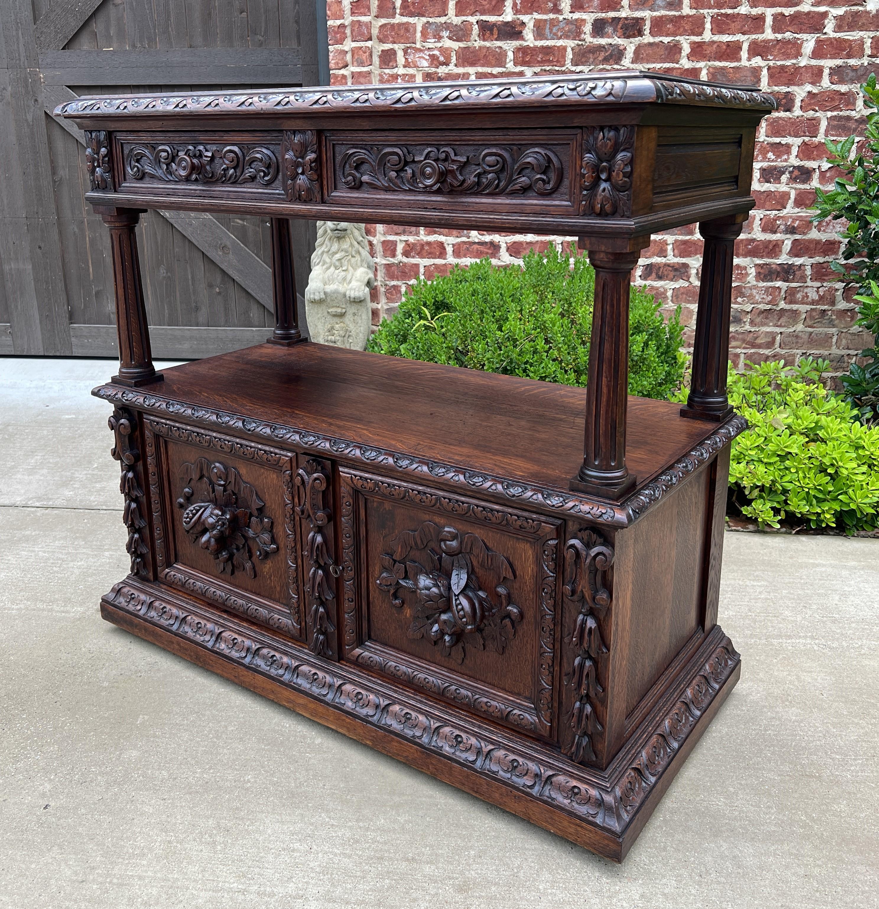 19th Century Antique French Server Sideboard Console Sofa Table Cabinet 2-Tier Drawers Oak For Sale