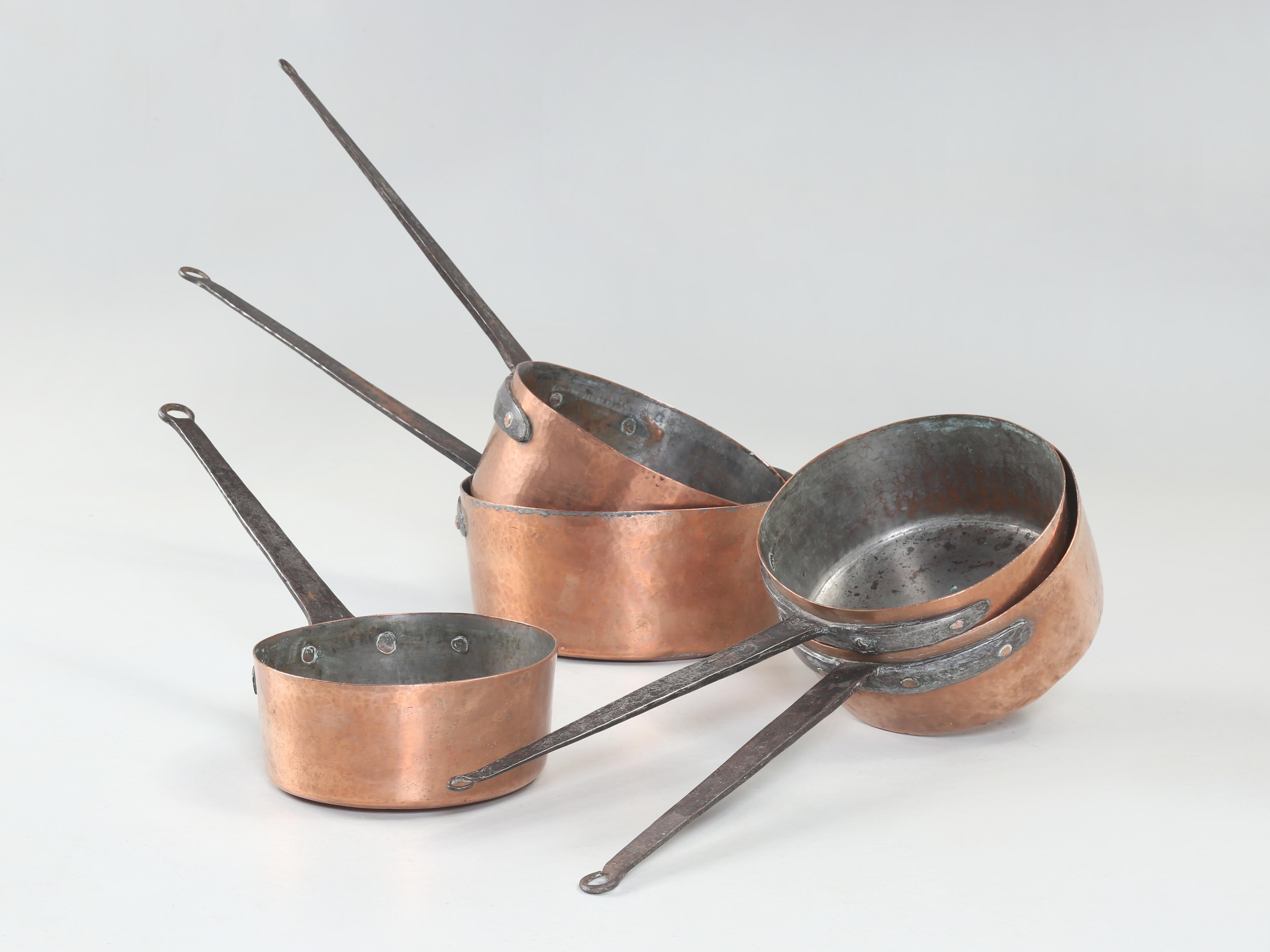 Antique French Set of (5) Graduated Copper Pans Mounted on Old Butcher's Rack For Sale 6